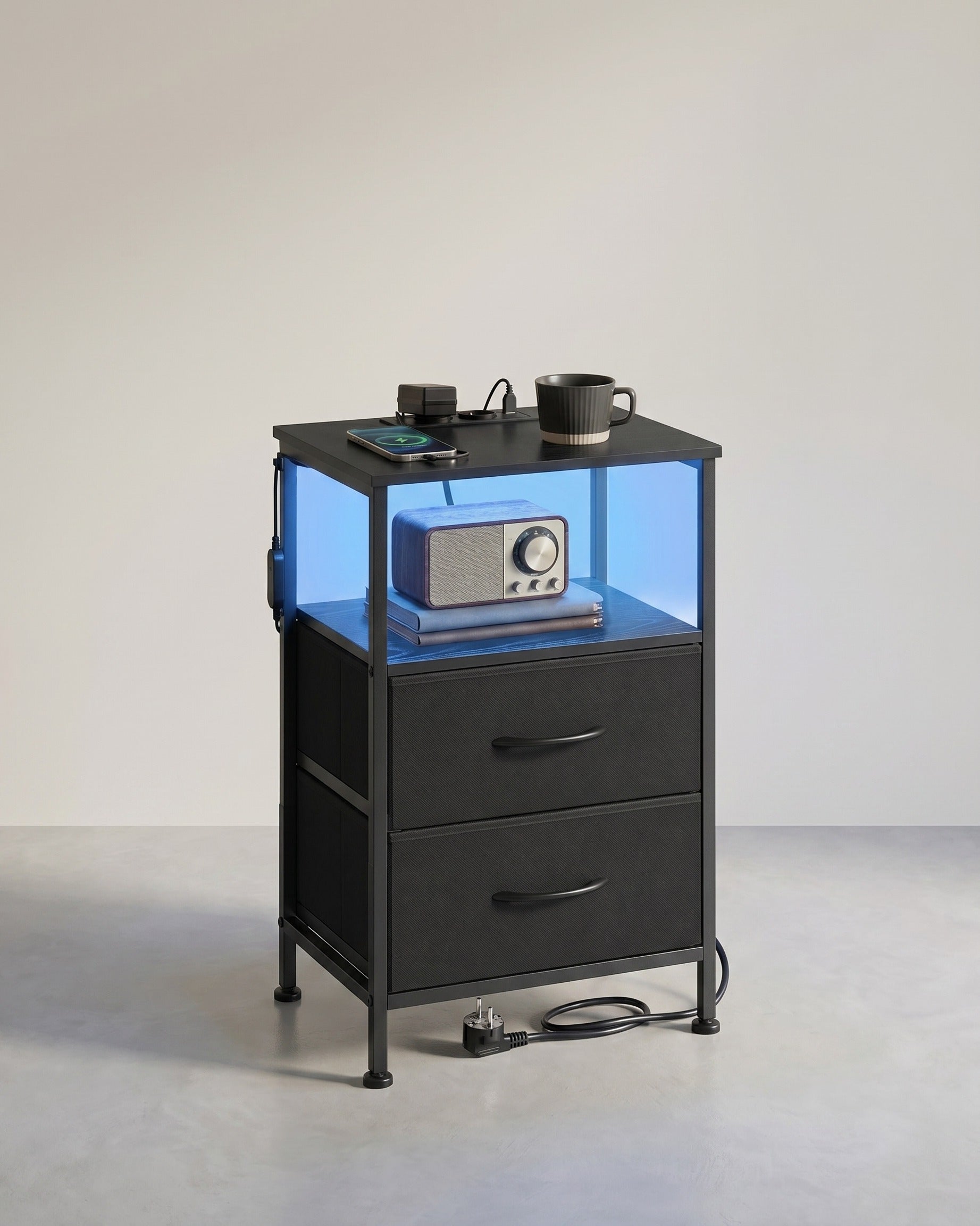 Nachtkastje – Met Oplaadstation – App-Gestuurde Verlichting – 2 Lades – Open Vak – Compact Formaat
