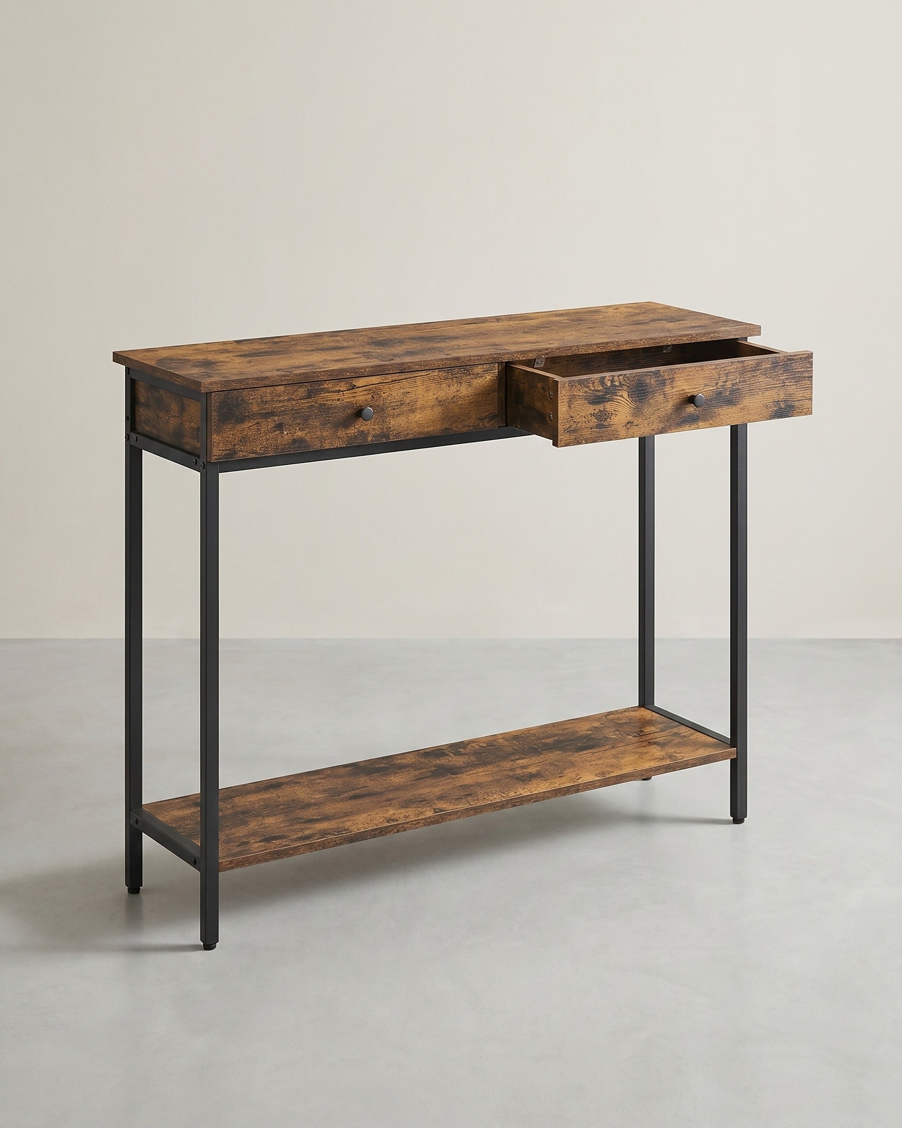 Consoletafel met Lades – Industrieel Design – 100 cm Breed – Vintage Bruin en Zwart Staal