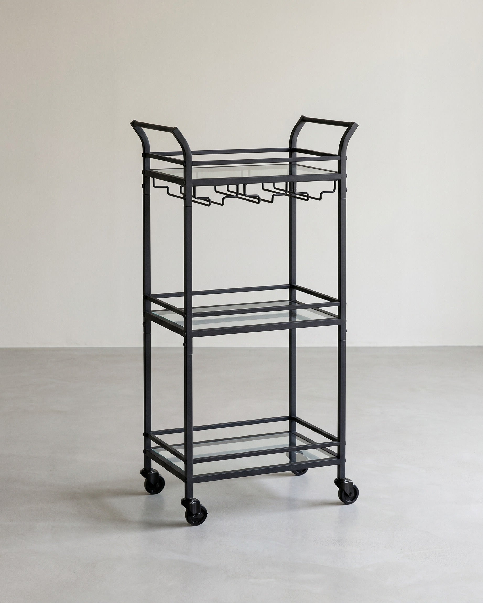 Serveerwagen – Drielaags – Op wielen – Met handgrepen – Spiegelende glazen planken – Voor kleine ruimtes – Keuken – Eetkamer – Bar – Staal
