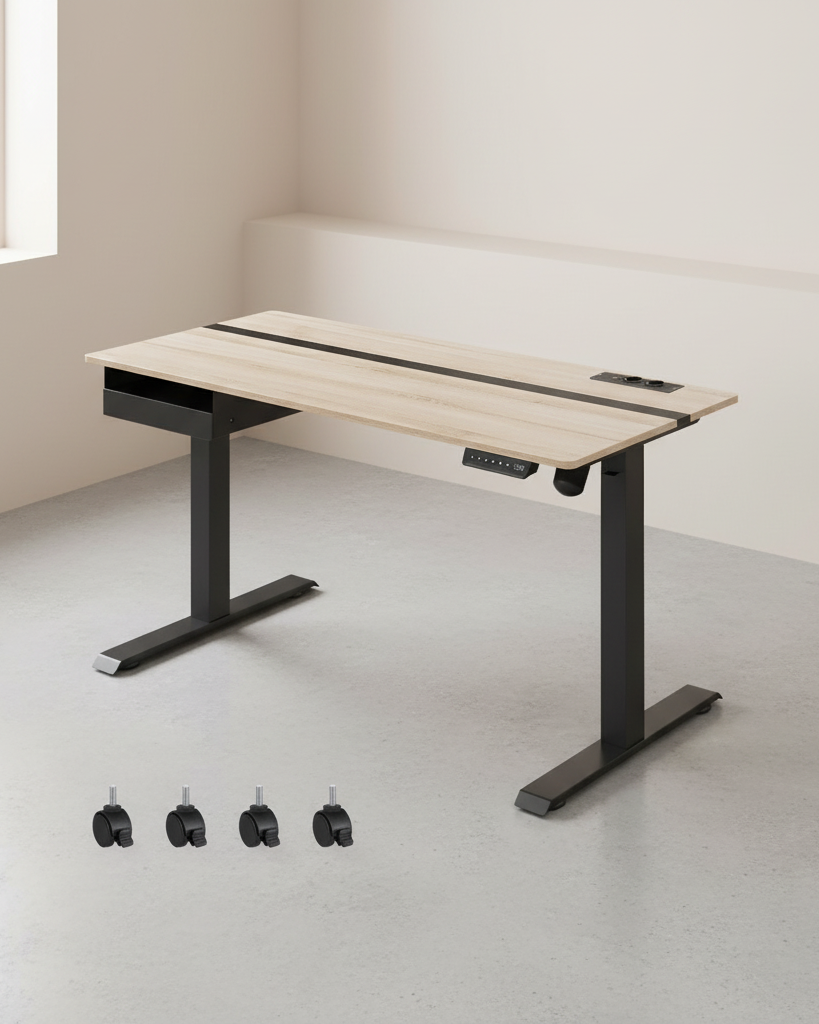 Elektrische Sta Bureau met Geheugenfunctie - Stopcontact - met Lade en Haken - Zit Sta Bureau - De Vries Meubels