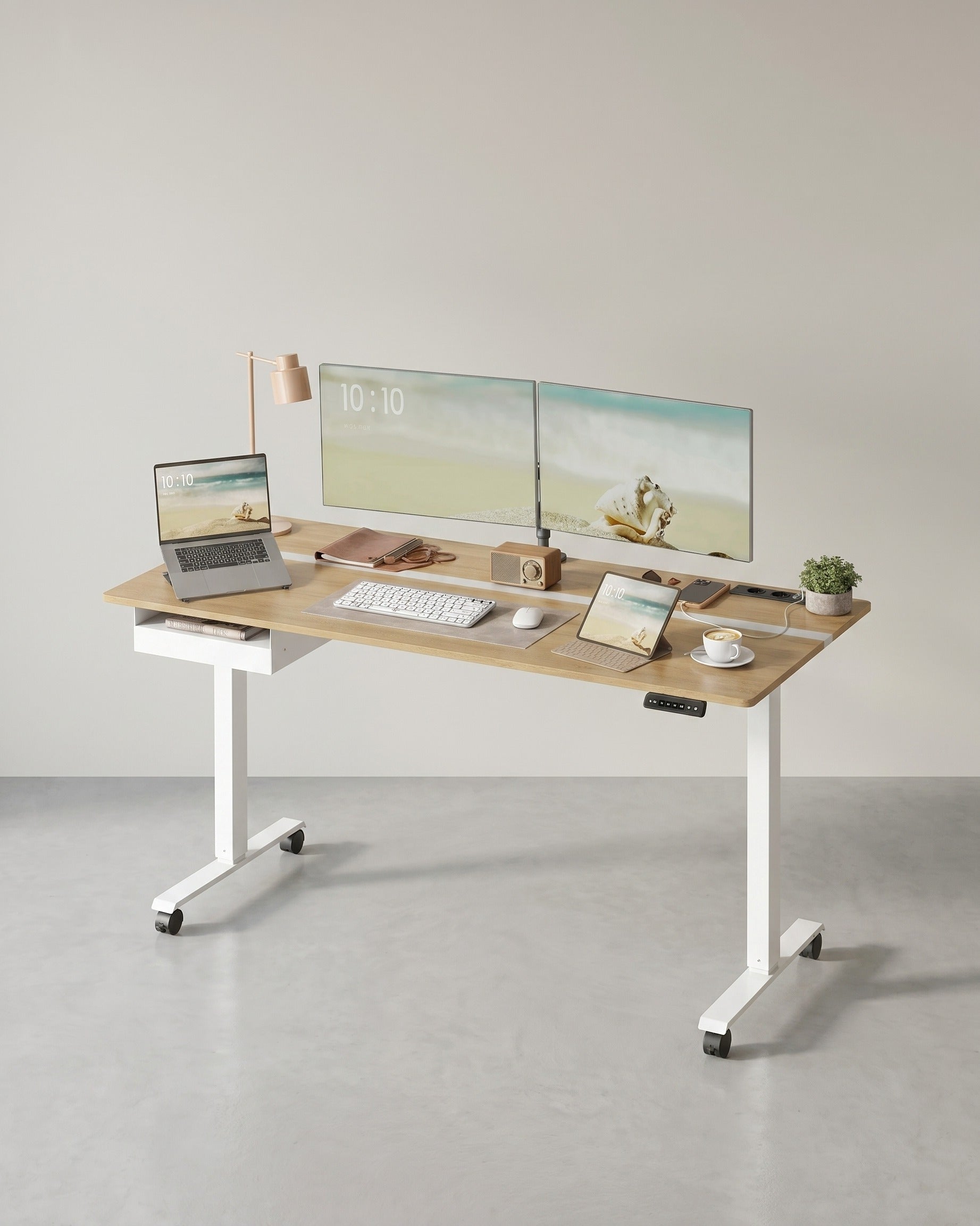 Elektrische Sta Bureau met Geheugenfunctie - Stopcontact - met Lade en Haken - Zit Sta Bureau - De Vries Meubels