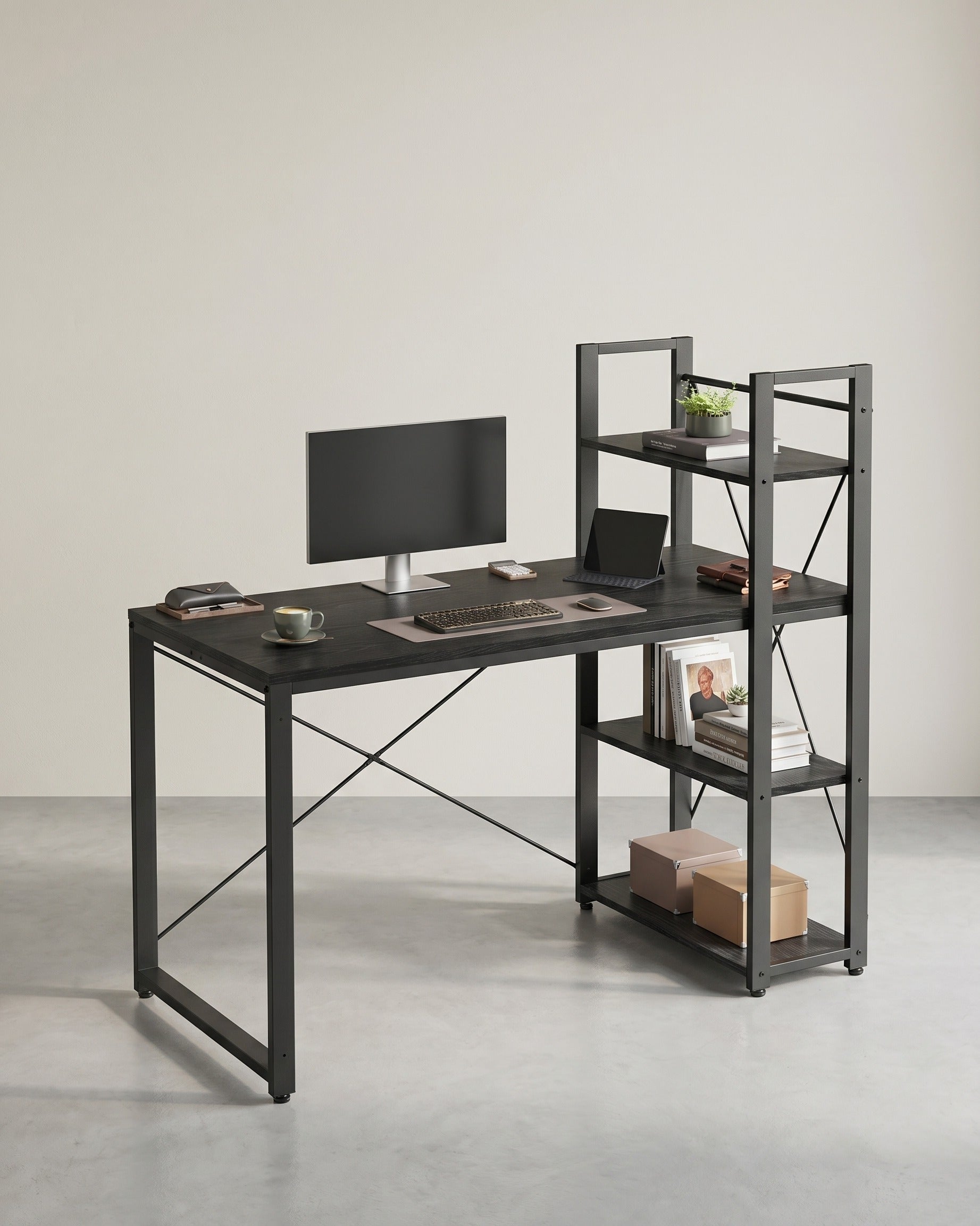 Bureau met Boekenplank – 120 cm Breed – Flexibel te Monteren Plank Links of Rechts – Industrieel Design – Tot 100 kg Draagvermogen