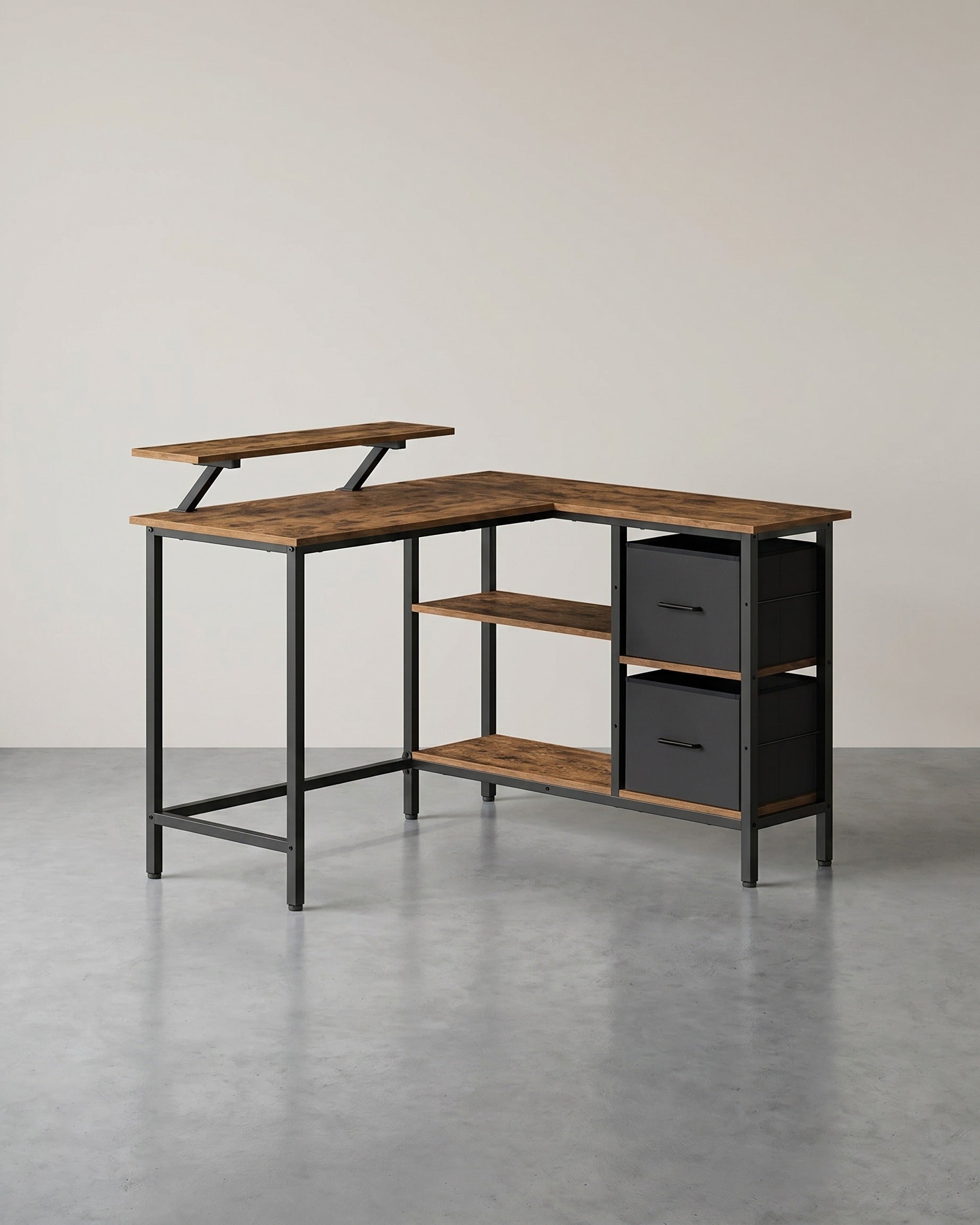L-Vormig Bureau met Monitorstandaard – Hoekbureau met 2 Lades en Verstelbare Plank – 135 x 105 x 89,5 cm