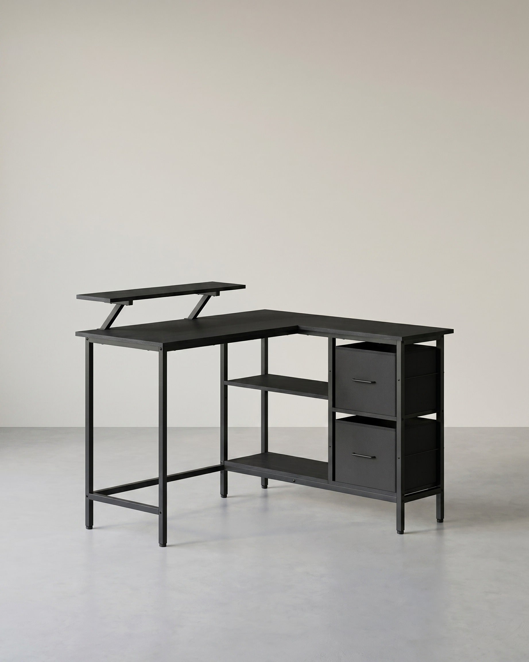 L-Vormig Bureau met Monitorstandaard – Hoekbureau met 2 Lades en Verstelbare Plank – 135 x 105 x 89,5 cm