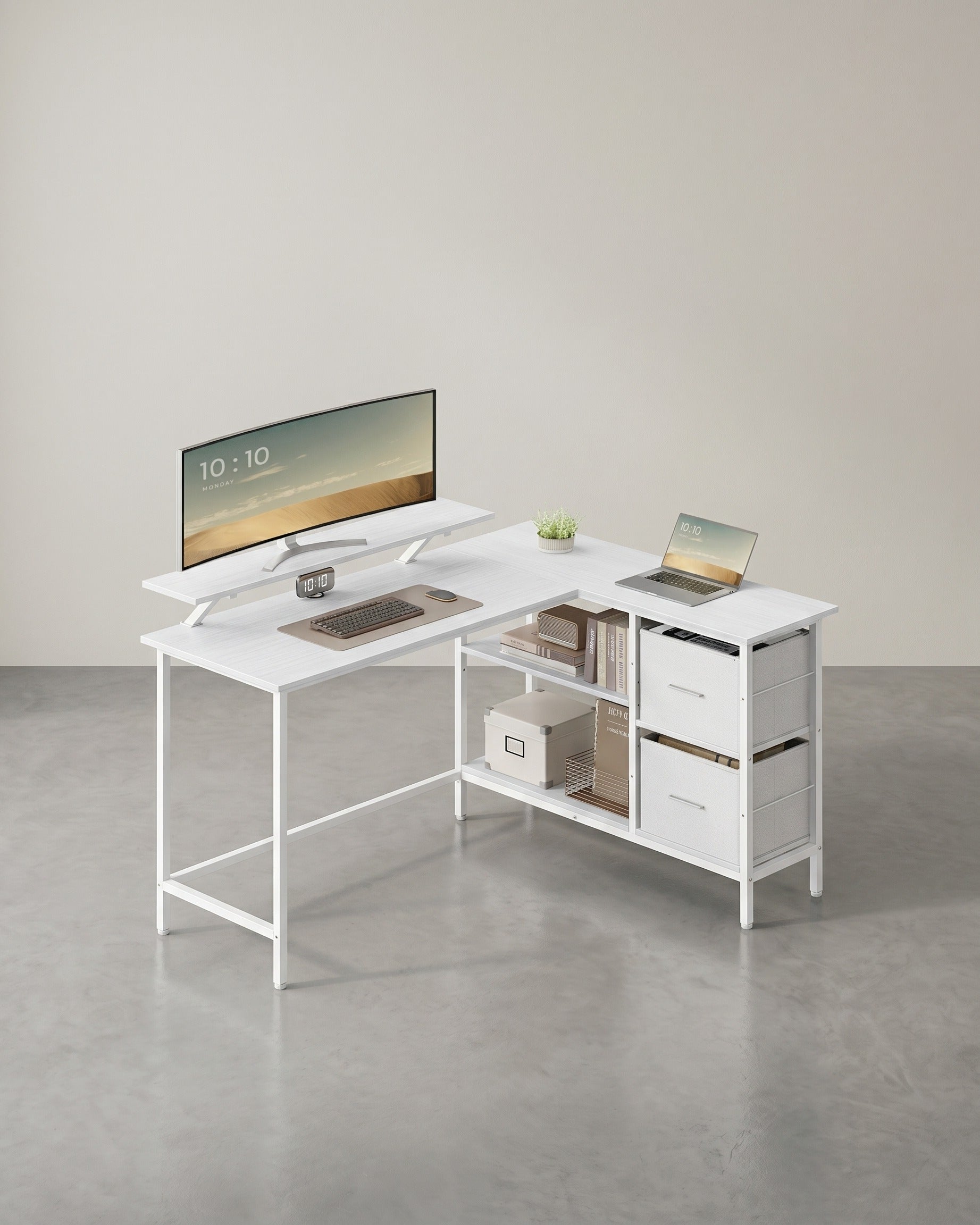 L-Vormig Bureau met Monitorstandaard – Hoekbureau met 2 Lades en Verstelbare Plank – 135 x 105 x 89,5 cm
