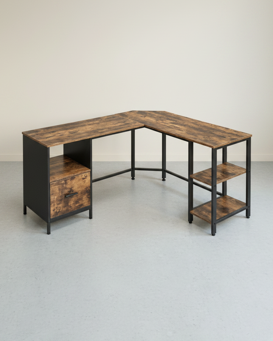 Bureau L - vormig - Computerbureau met 2 planken - Mappenlade - De Vries Meubels