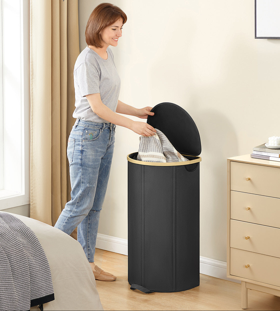 Laundry Hamper with Lid, 23.8 Gal., Oxford Fabric, Removable Liner, Foldable, Bamboo