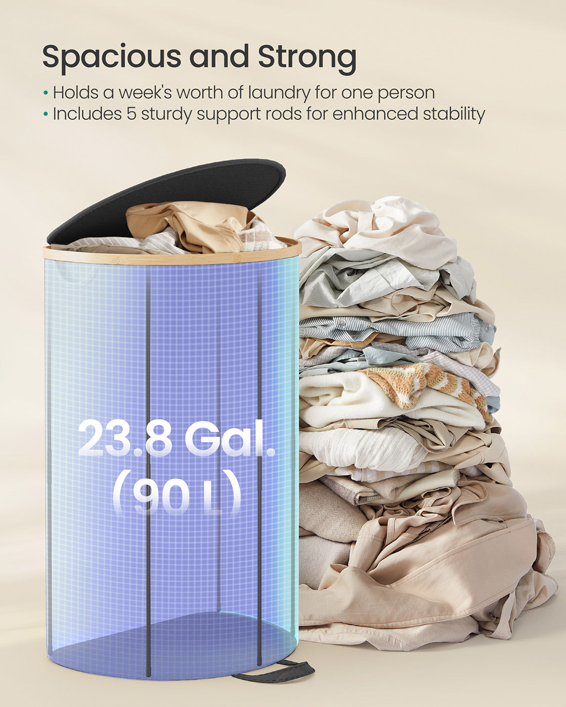 Laundry Hamper with Lid, 23.8 Gal., Oxford Fabric, Removable Liner, Foldable, Bamboo