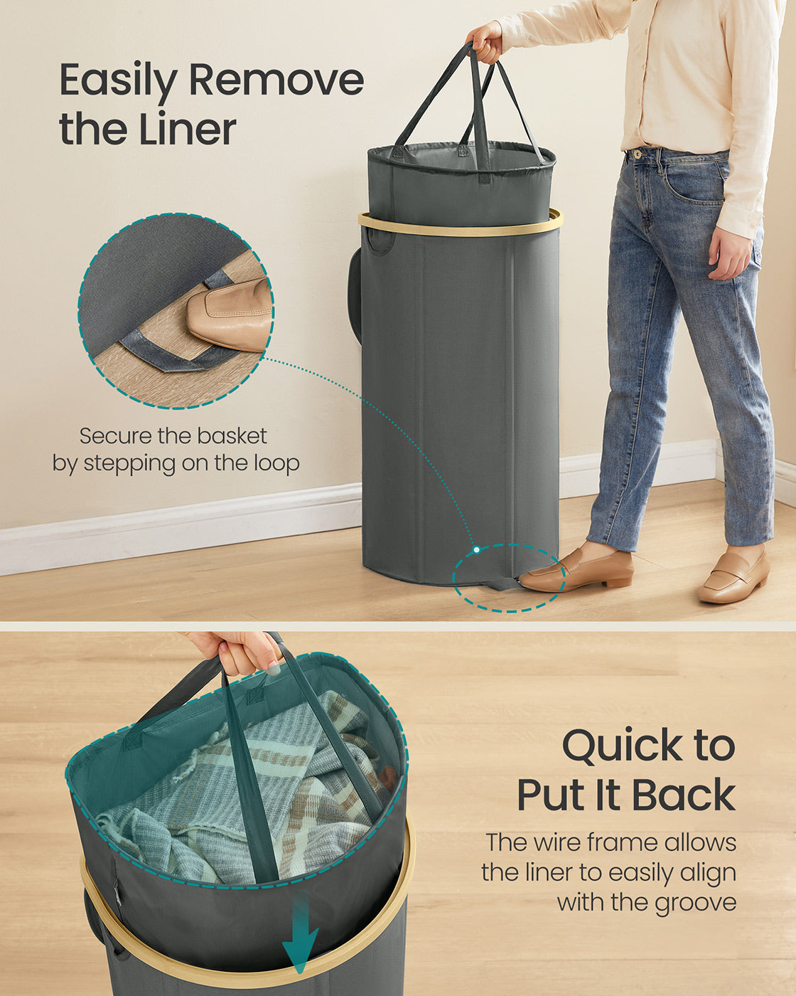 Laundry Hamper with Lid, 23.8 Gal., Oxford Fabric, Removable Liner, Foldable, Bamboo