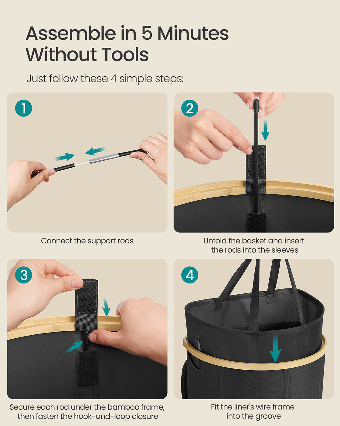 Laundry Hamper with Lid, 23.8 Gal., Oxford Fabric, Removable Liner, Foldable, Bamboo