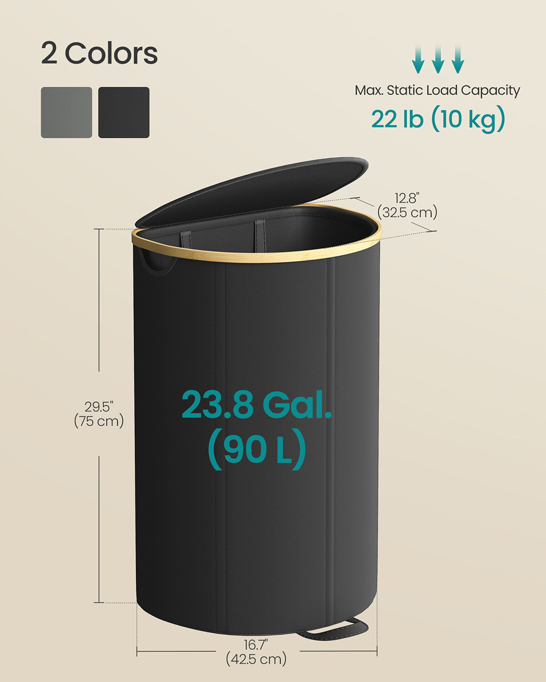 Laundry Hamper with Lid, 23.8 Gal., Oxford Fabric, Removable Liner, Foldable, Bamboo