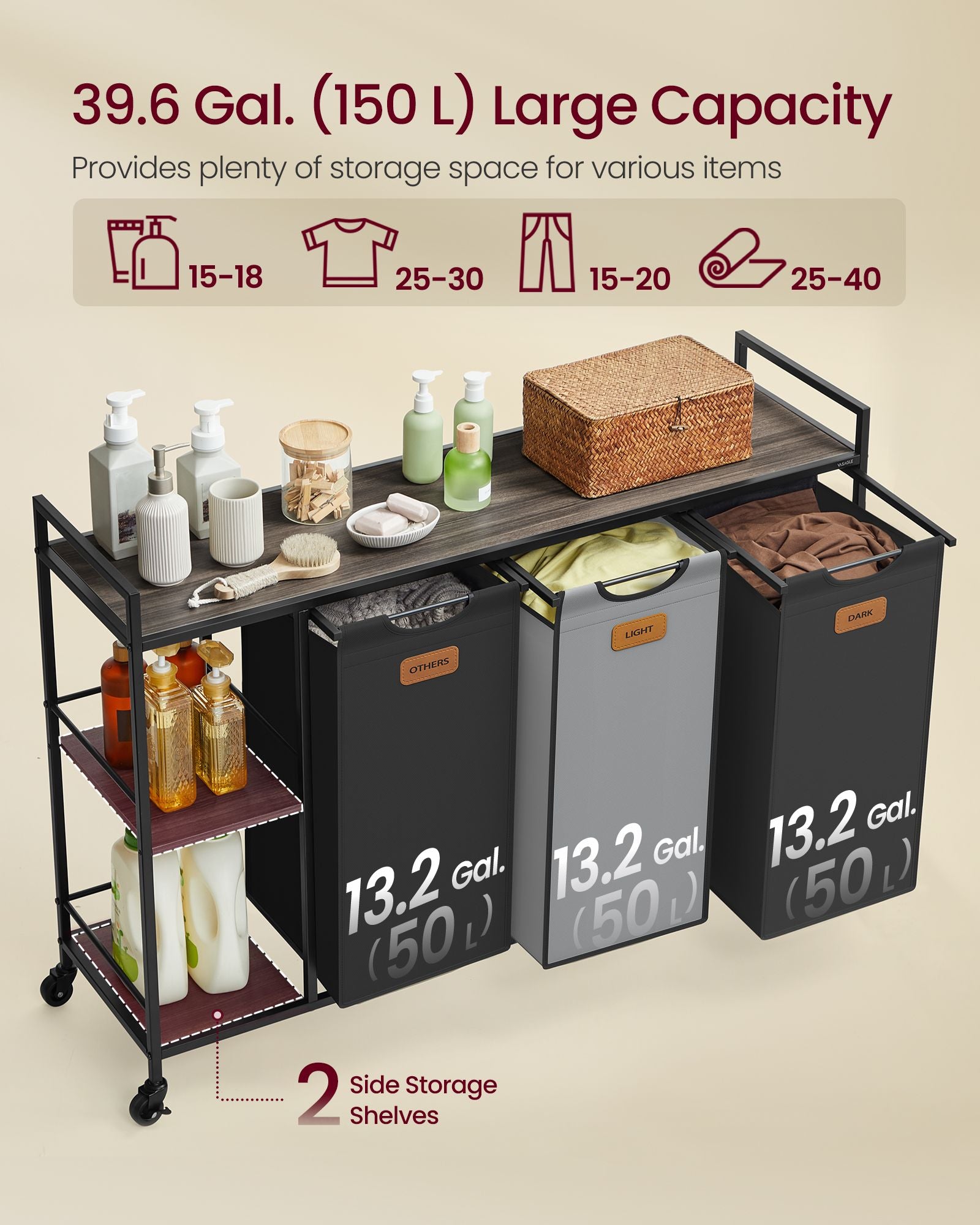 Laundry Hamper with Wheels, 2/3 Removable Liners, Adjustable Feet, Storage Shelves