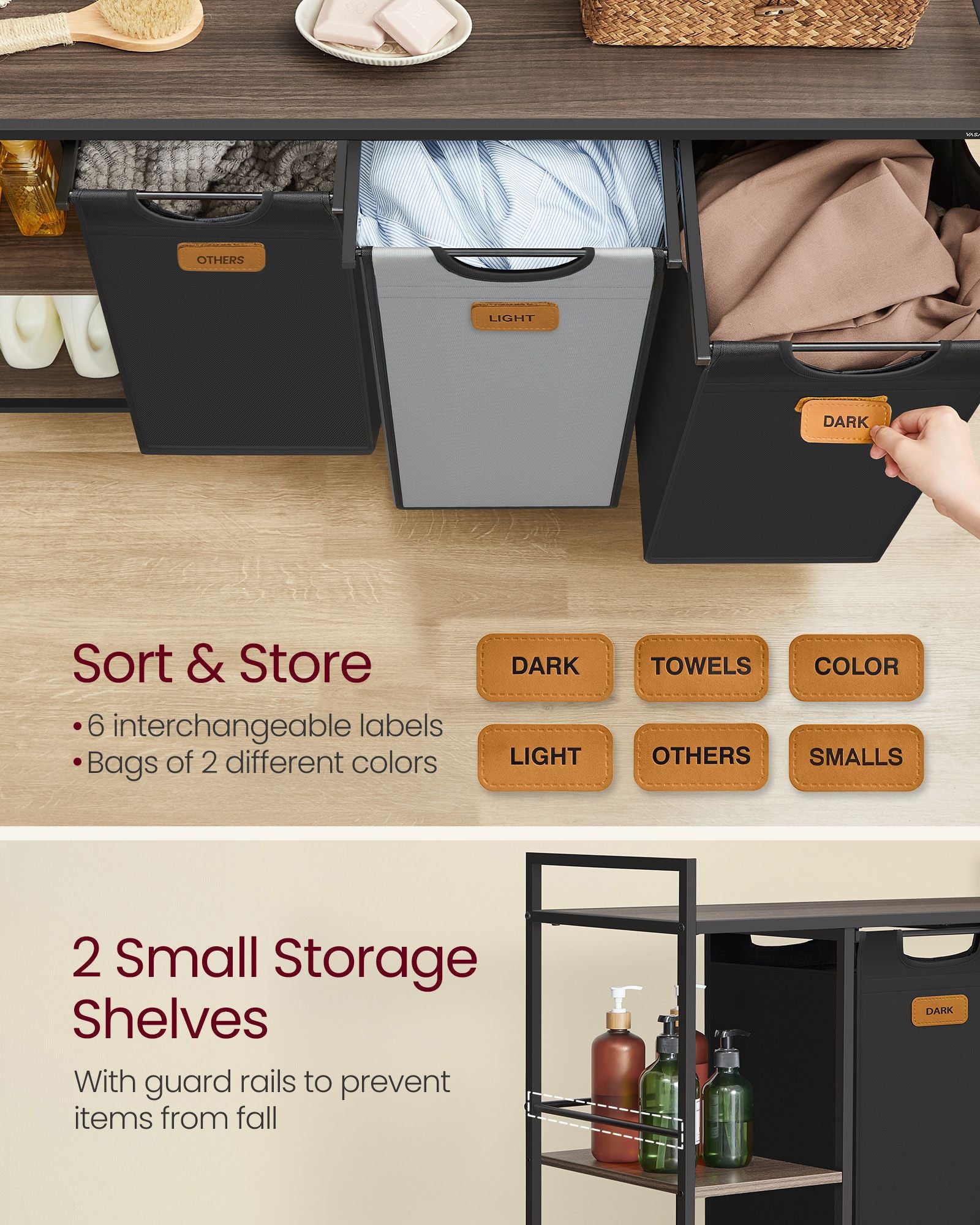 Laundry Hamper with Wheels, 2/3 Removable Liners, Adjustable Feet, Storage Shelves