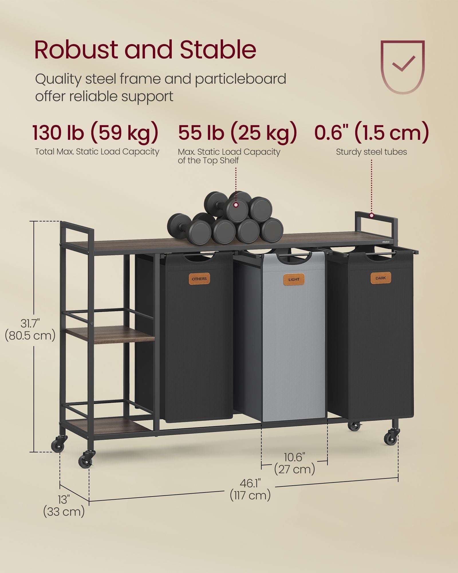 Laundry Hamper with Wheels, 2/3 Removable Liners, Adjustable Feet, Storage Shelves