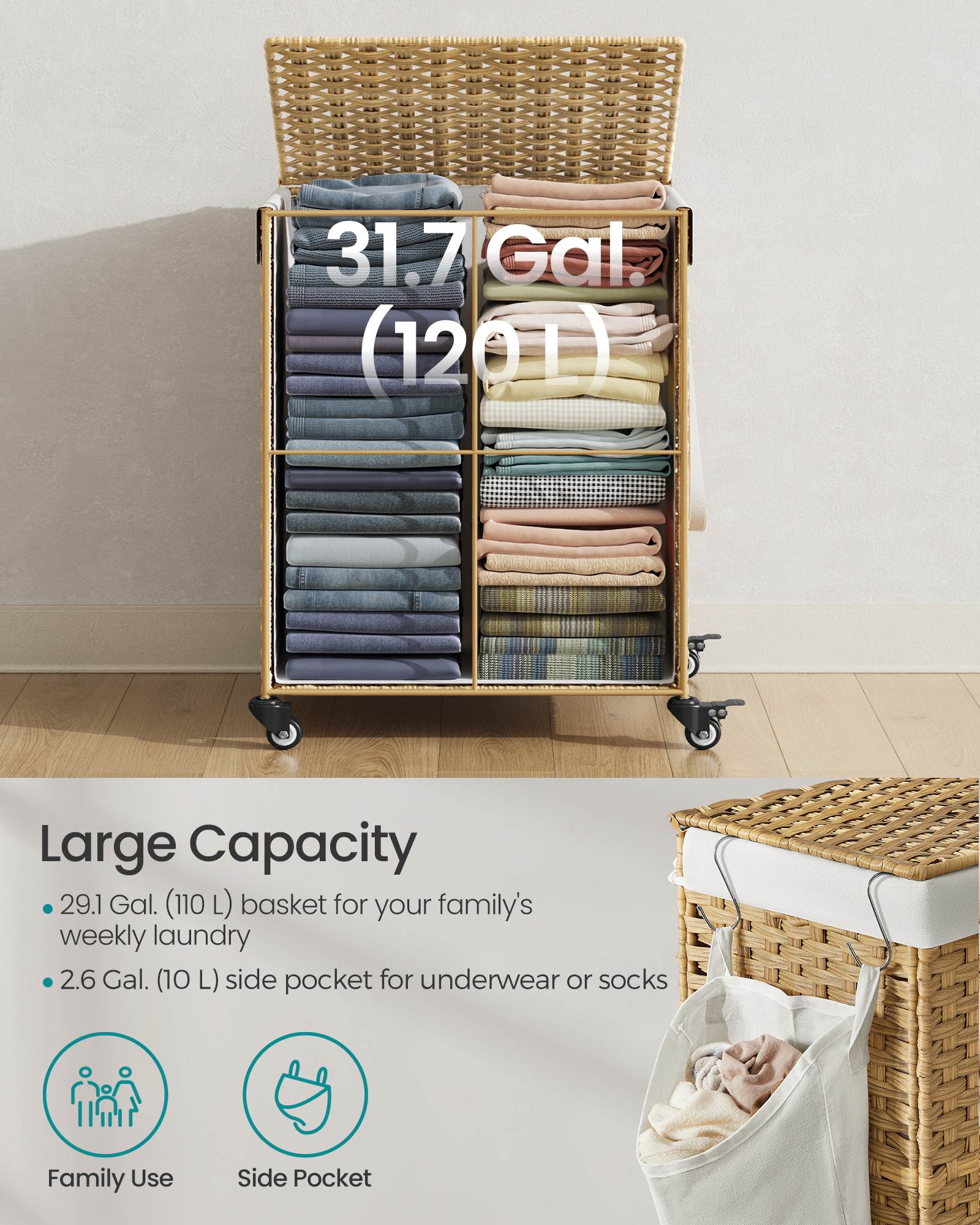 Laundry hamper - rolling laundry basket - with wheels