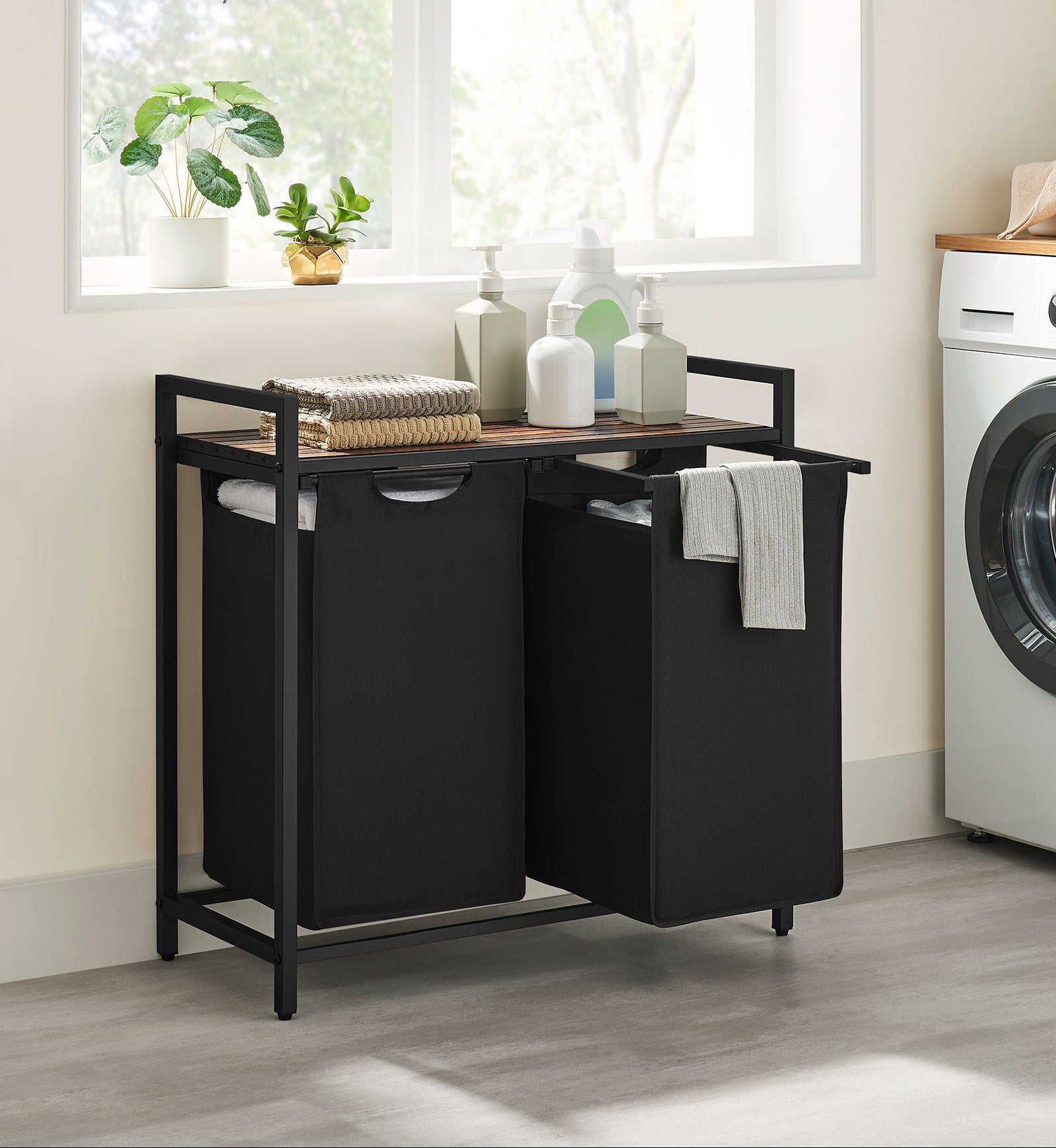 Laundry hamper with shelf, 1–4 compartments, pull-out liners, steel frame