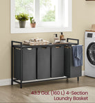 Laundry hamper with shelf, 1–4 compartments, pull-out liners, steel frame