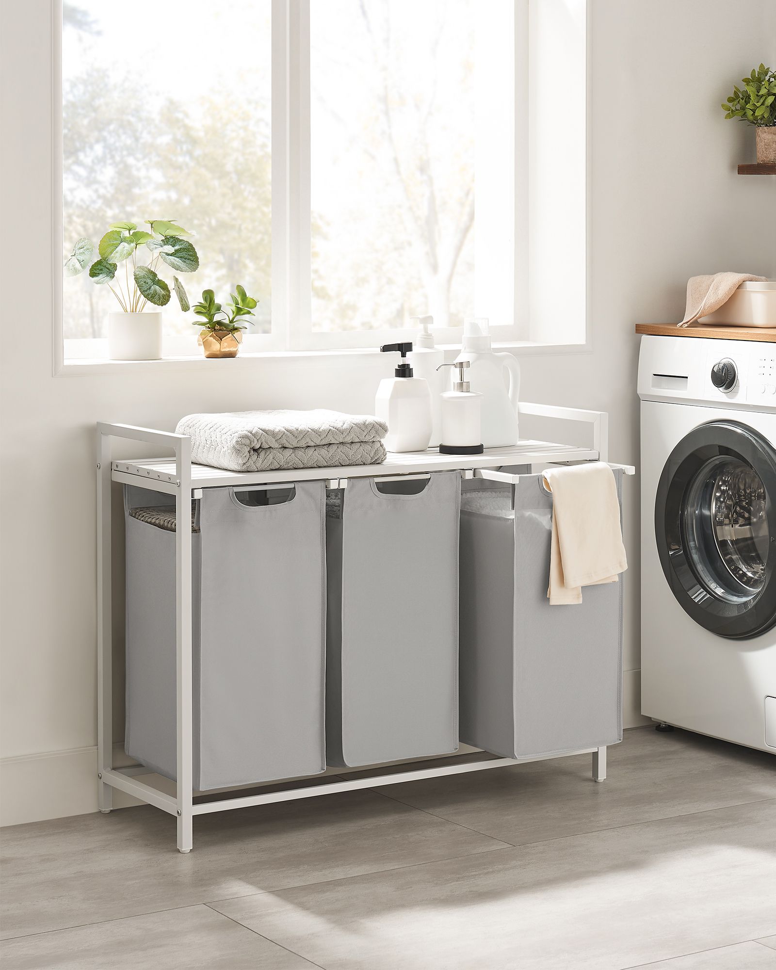 Laundry hamper with shelf, 1–4 compartments, pull-out liners, steel frame