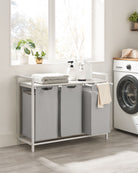 Laundry hamper with shelf, 1–4 compartments, pull-out liners, steel frame