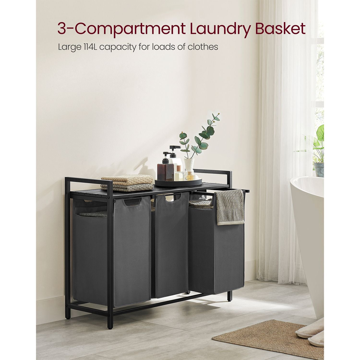 Laundry hamper with shelf, 1–4 compartments, pull-out liners, steel frame