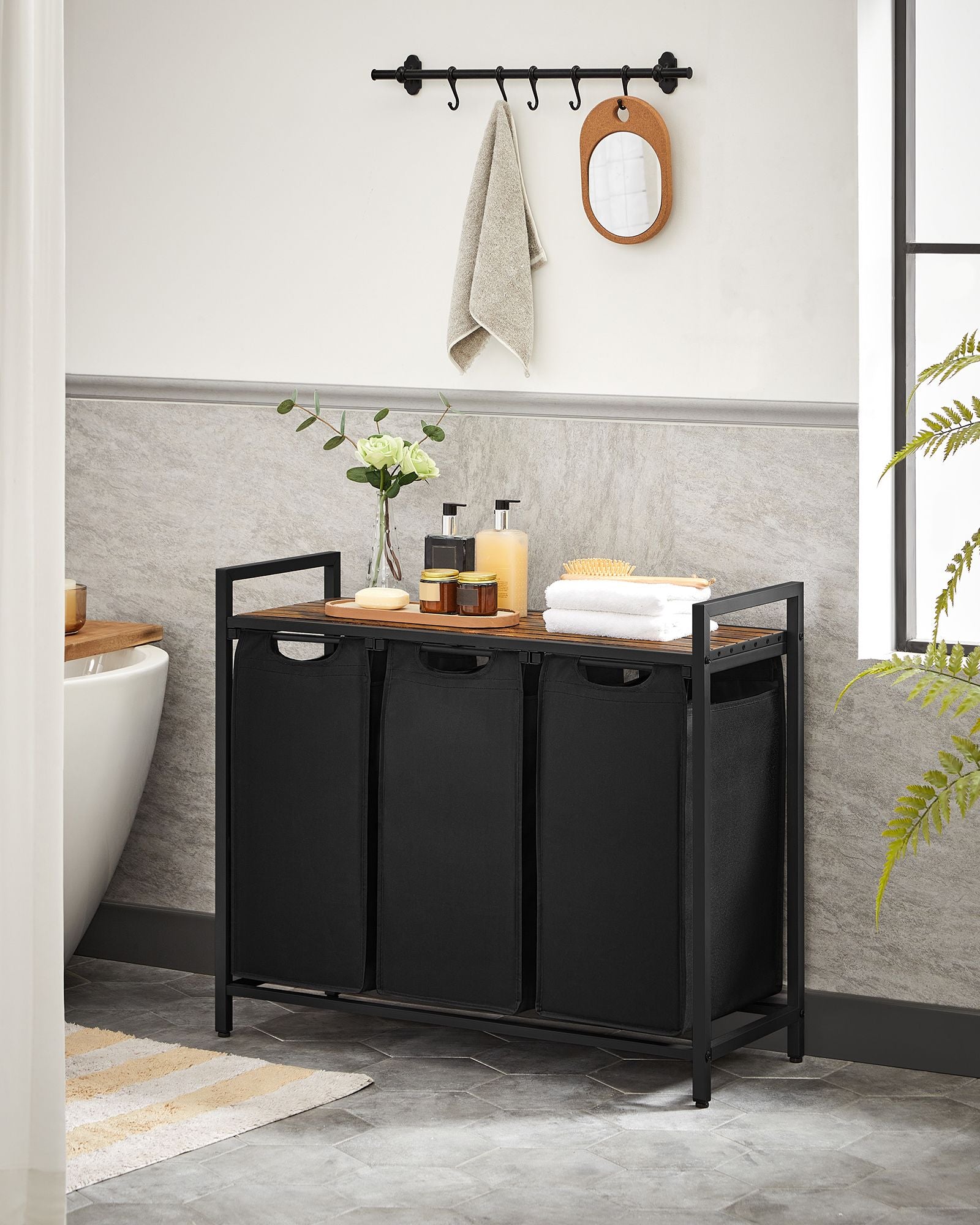 Laundry hamper with shelf, 1–4 compartments, pull-out liners, steel frame