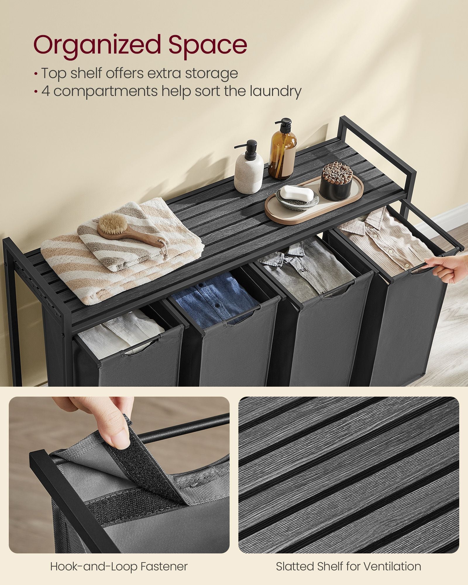 Laundry hamper with shelf, 1–4 compartments, pull-out liners, steel frame