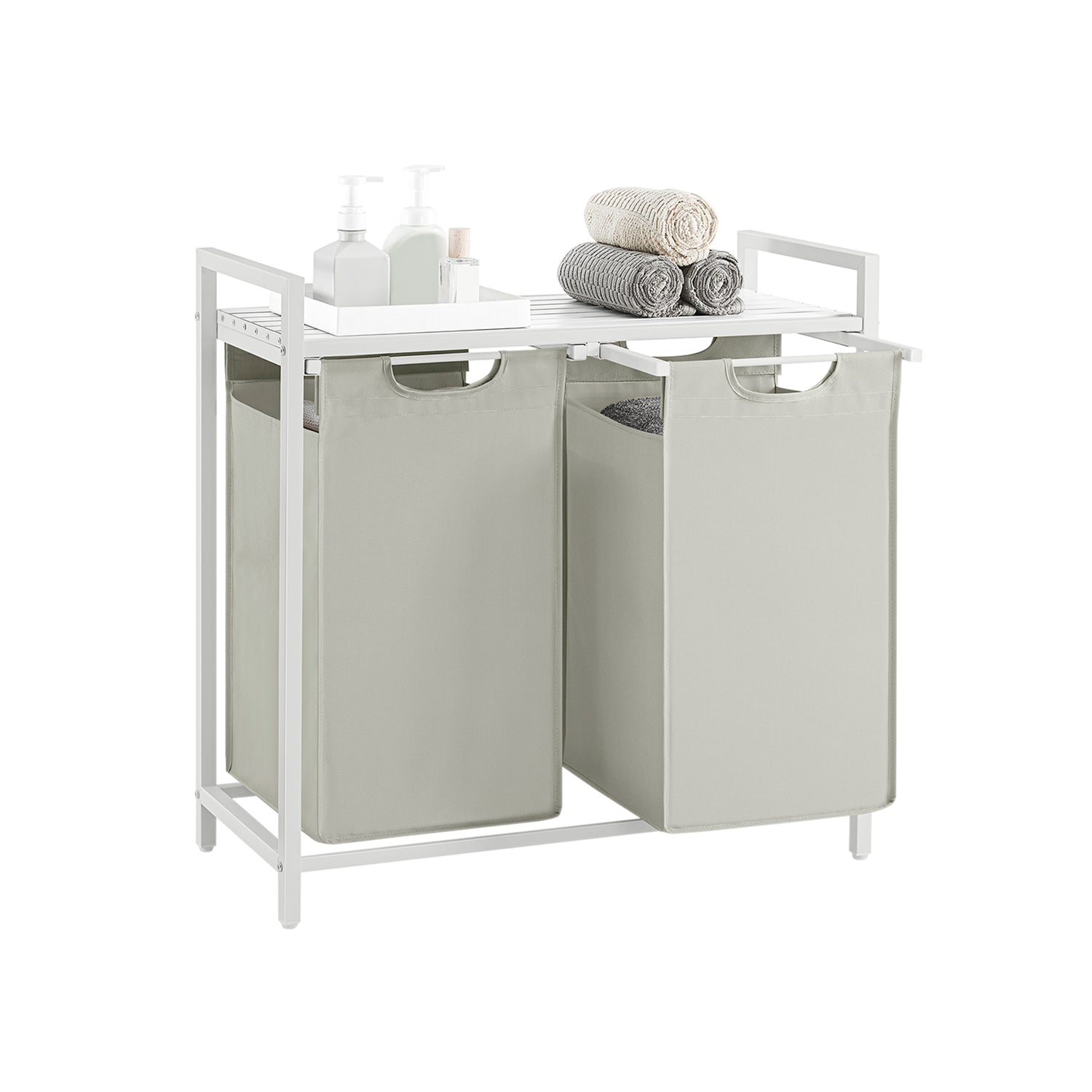 Laundry hamper with shelf, 1–4 compartments, pull-out liners, steel frame