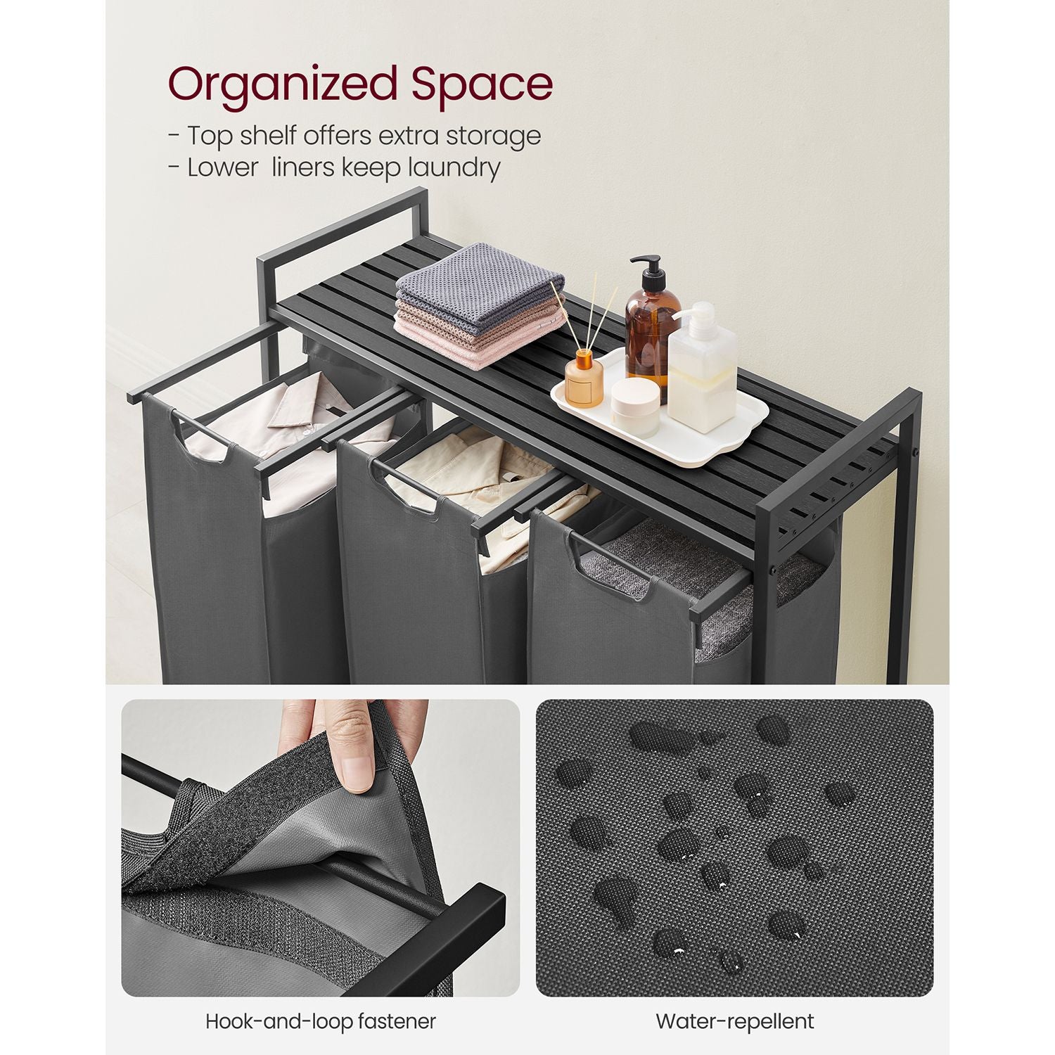 Laundry hamper with shelf, 1–4 compartments, pull-out liners, steel frame