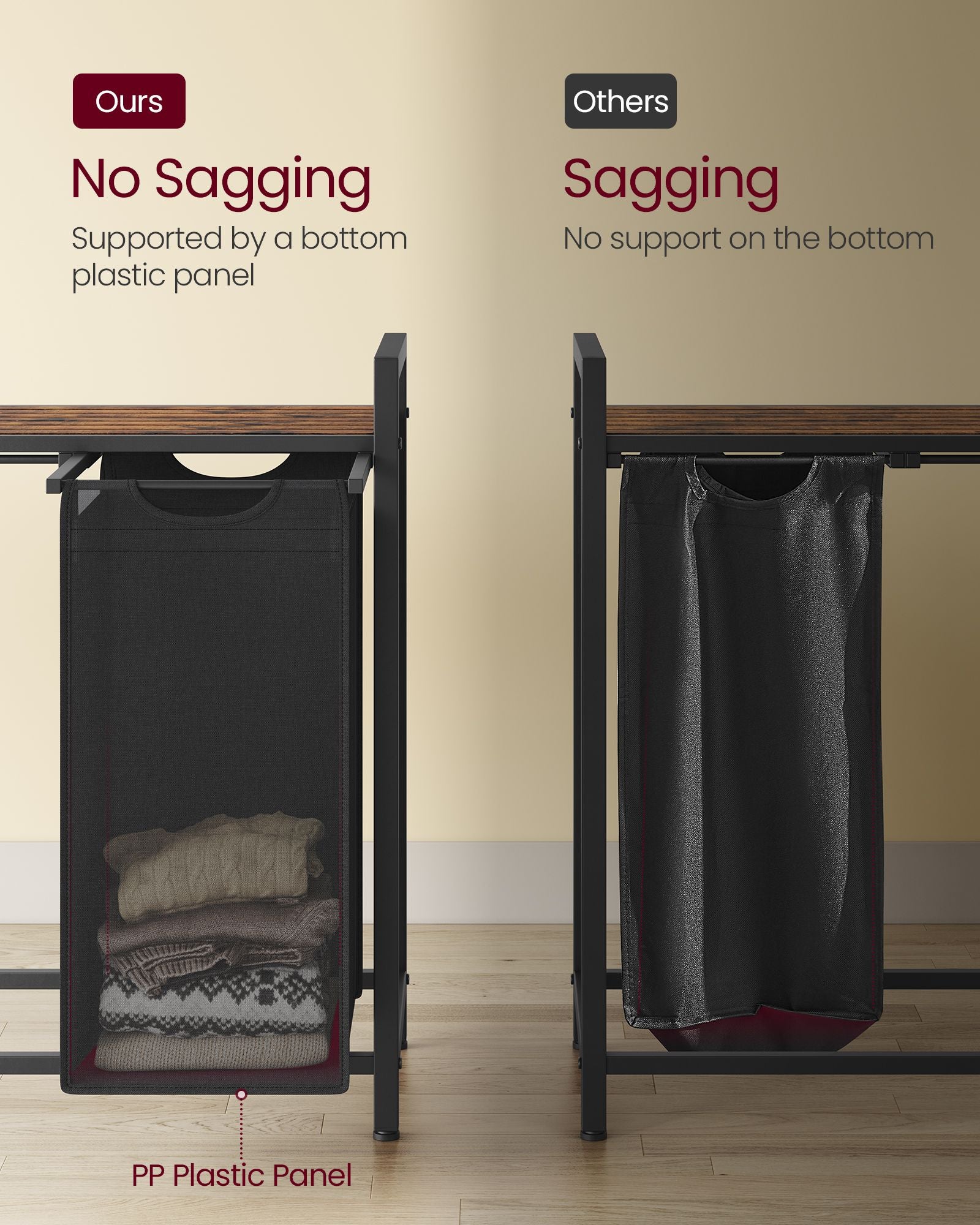 Laundry hamper with shelf, 1–4 compartments, pull-out liners, steel frame