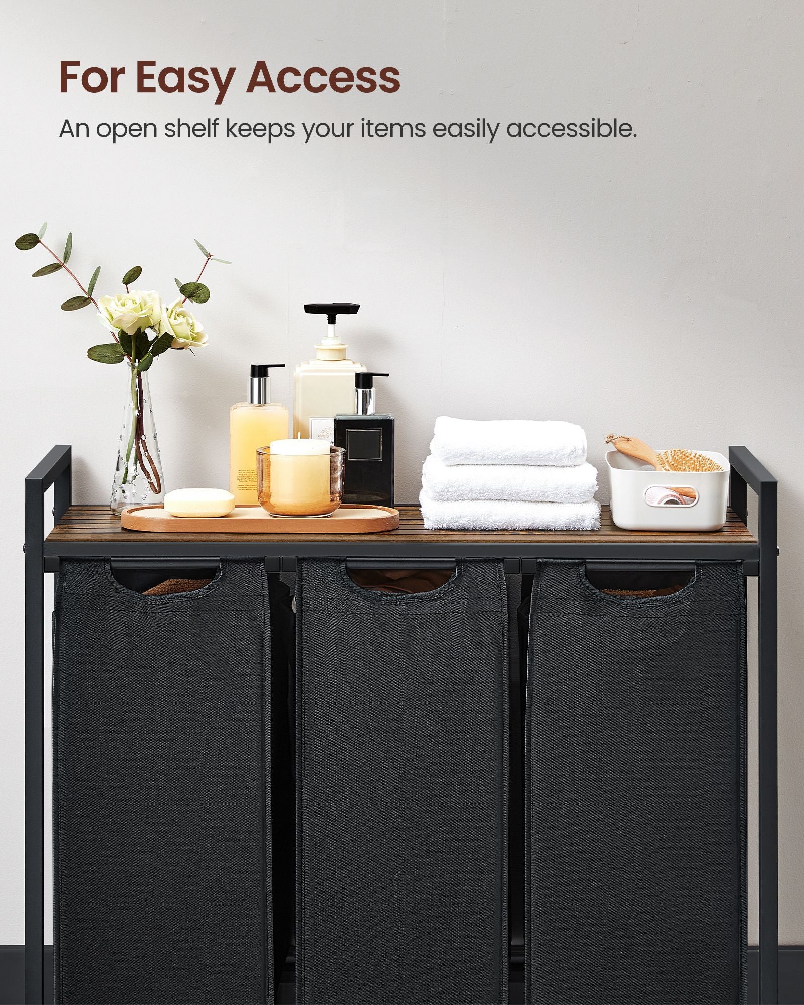 Laundry hamper with shelf, 1–4 compartments, pull-out liners, steel frame