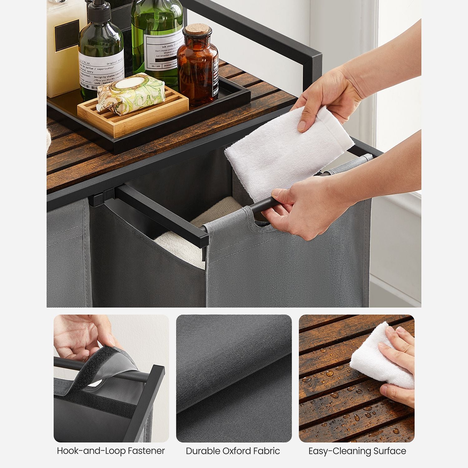 Laundry hamper with shelf, 1–4 compartments, pull-out liners, steel frame