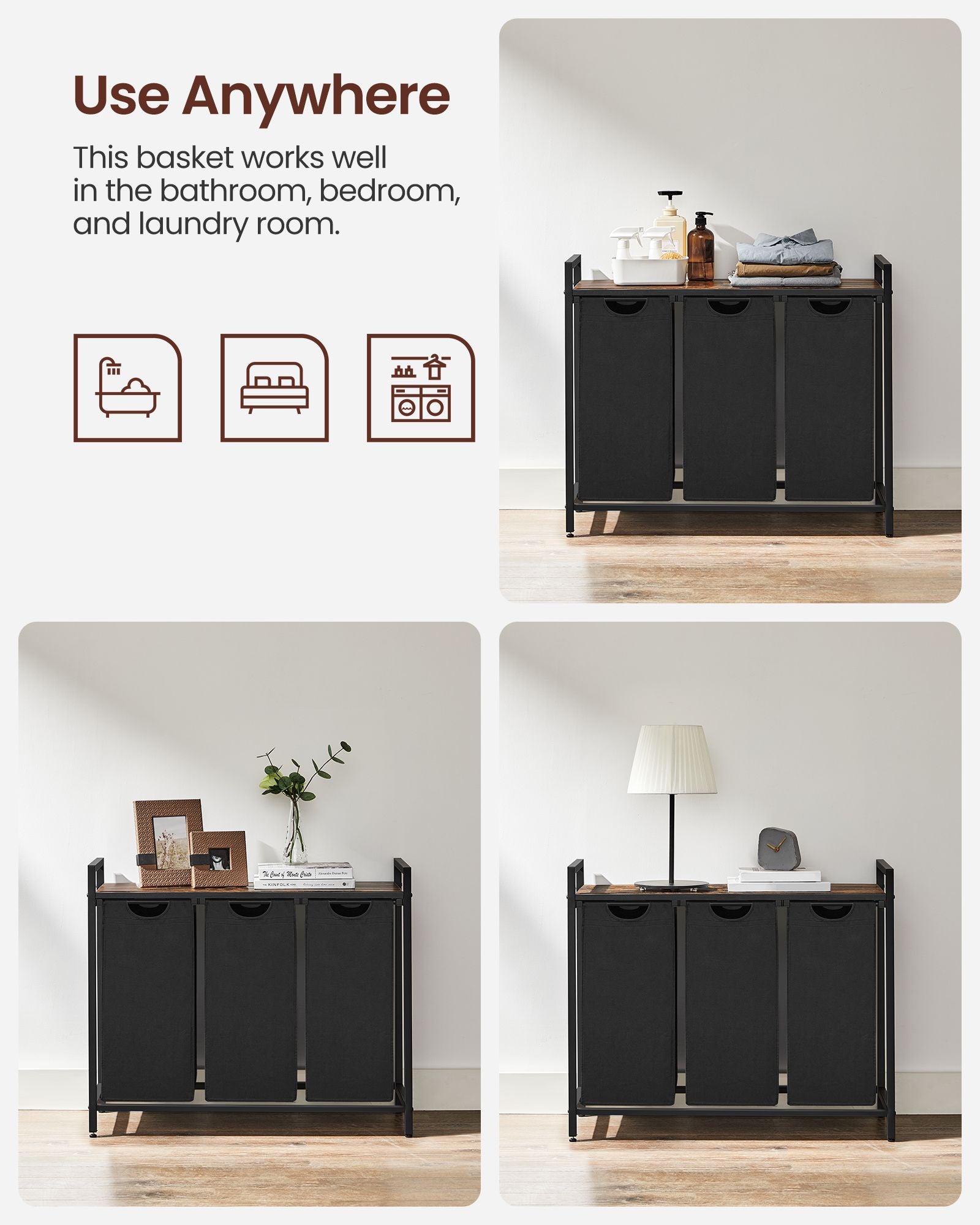 Laundry hamper with shelf, 1–4 compartments, pull-out liners, steel frame