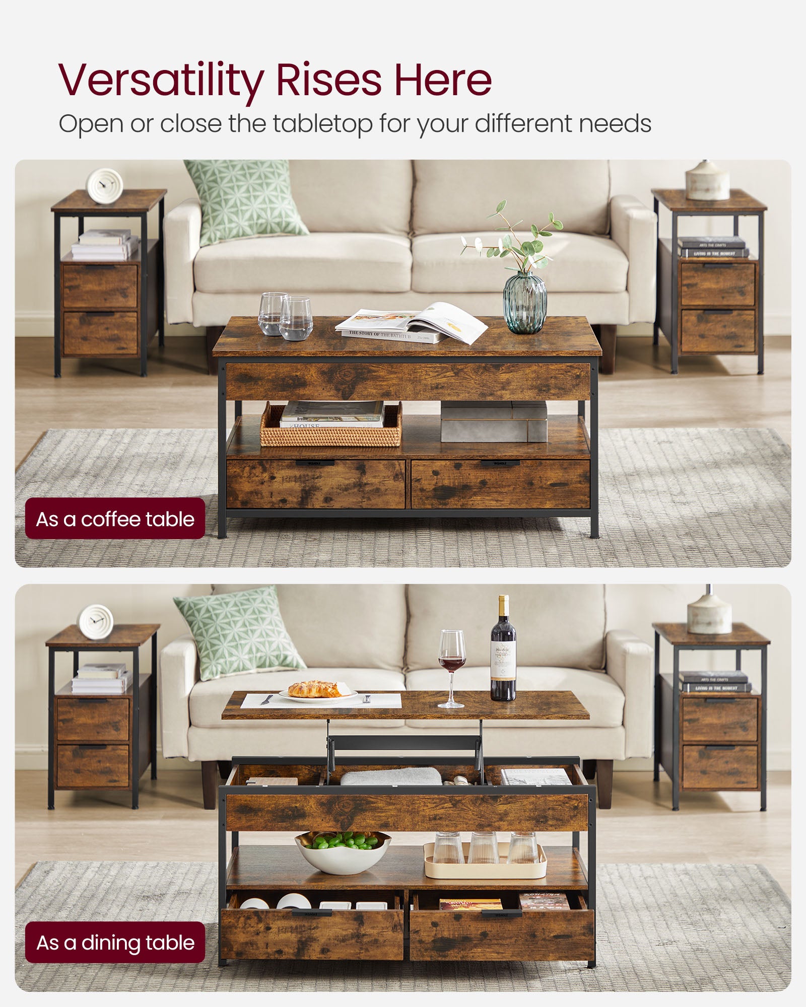 Lift-Top Coffee Table, Adjustable Height, Hidden Storage, Drawers, Industrial Style