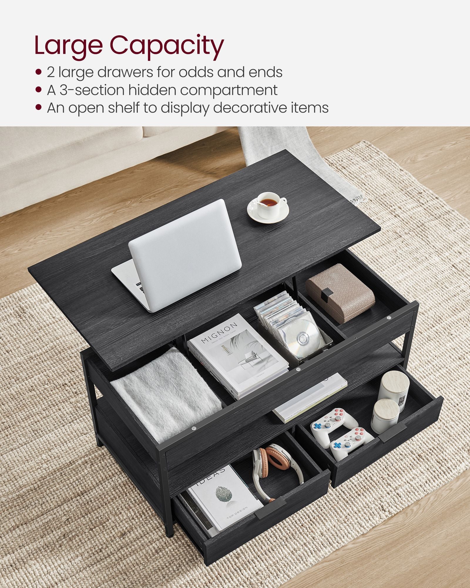 Lift-Top Coffee Table, Adjustable Height, Hidden Storage, Drawers, Industrial Style