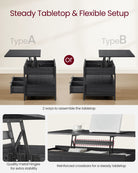 Lift-Top Coffee Table, Adjustable Height, Hidden Storage, Drawers, Industrial Style