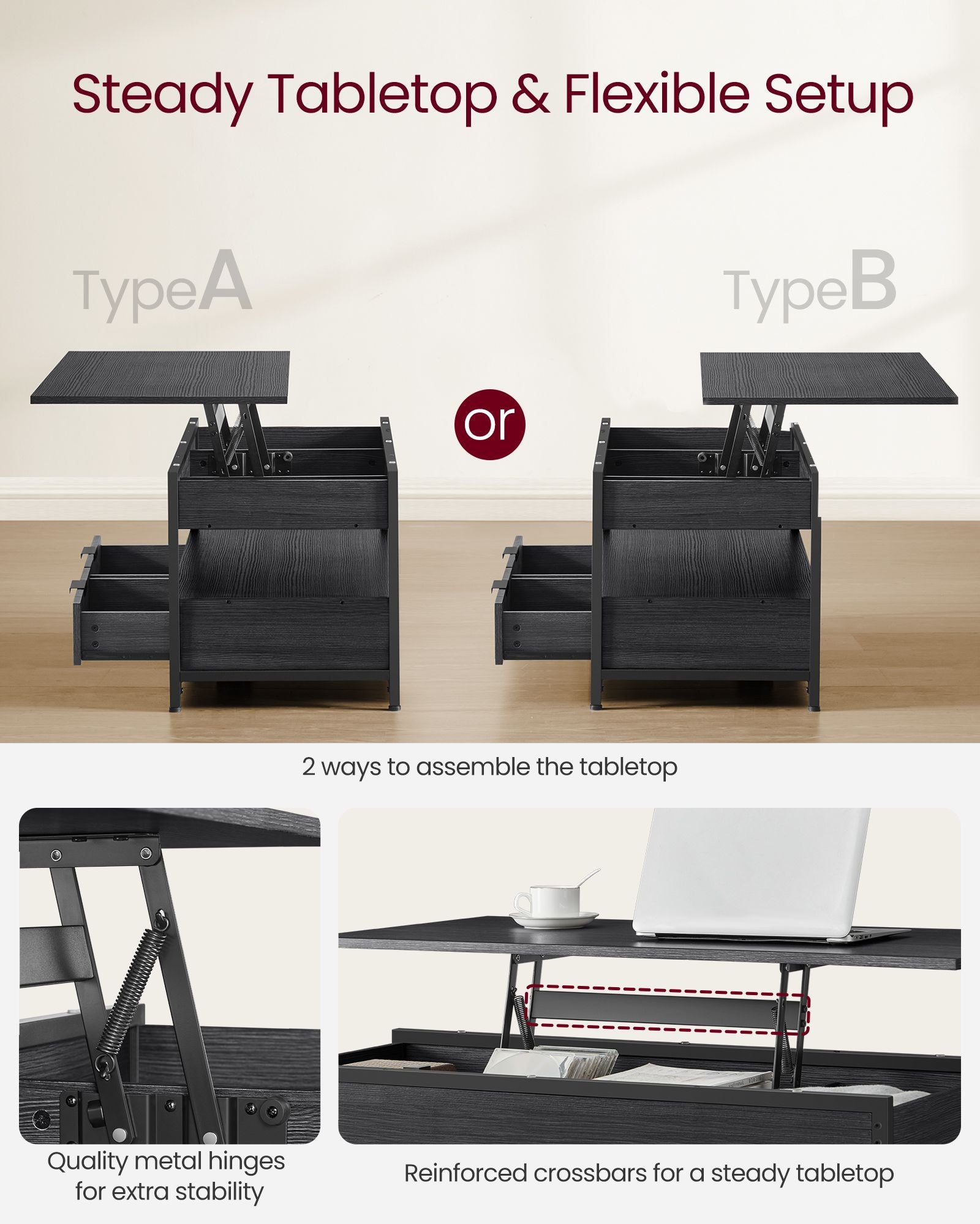 Lift-Top Coffee Table, Adjustable Height, Hidden Storage, Drawers, Industrial Style