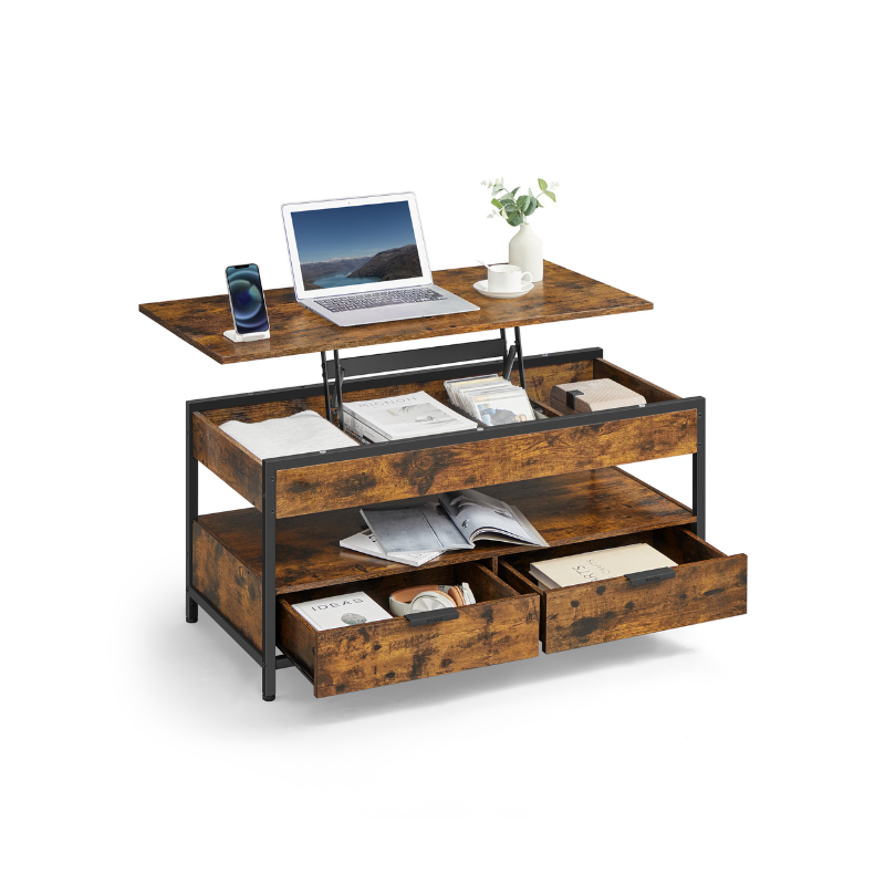 Lift-Top Coffee Table, Adjustable Height, Hidden Storage, Drawers, Industrial Style