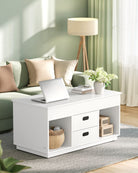 Lift-Top Coffee Table, Dual-Lift, Drawers, Hidden Storage, Adjustable Height, White