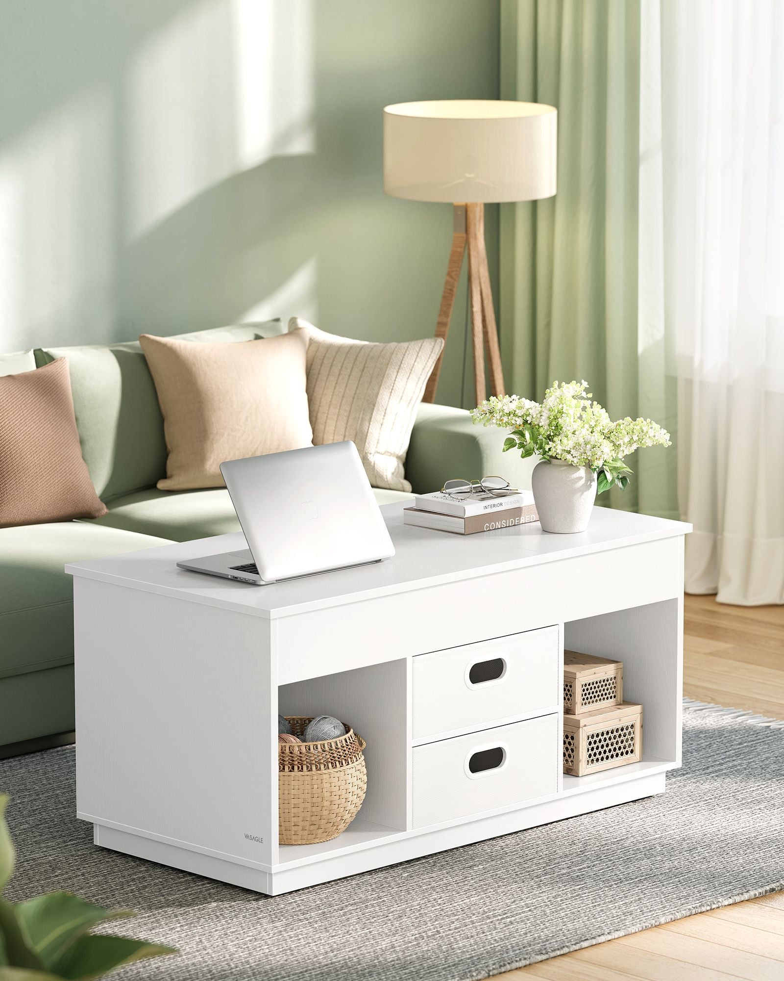 Lift-Top Coffee Table, Dual-Lift, Drawers, Hidden Storage, Adjustable Height, White