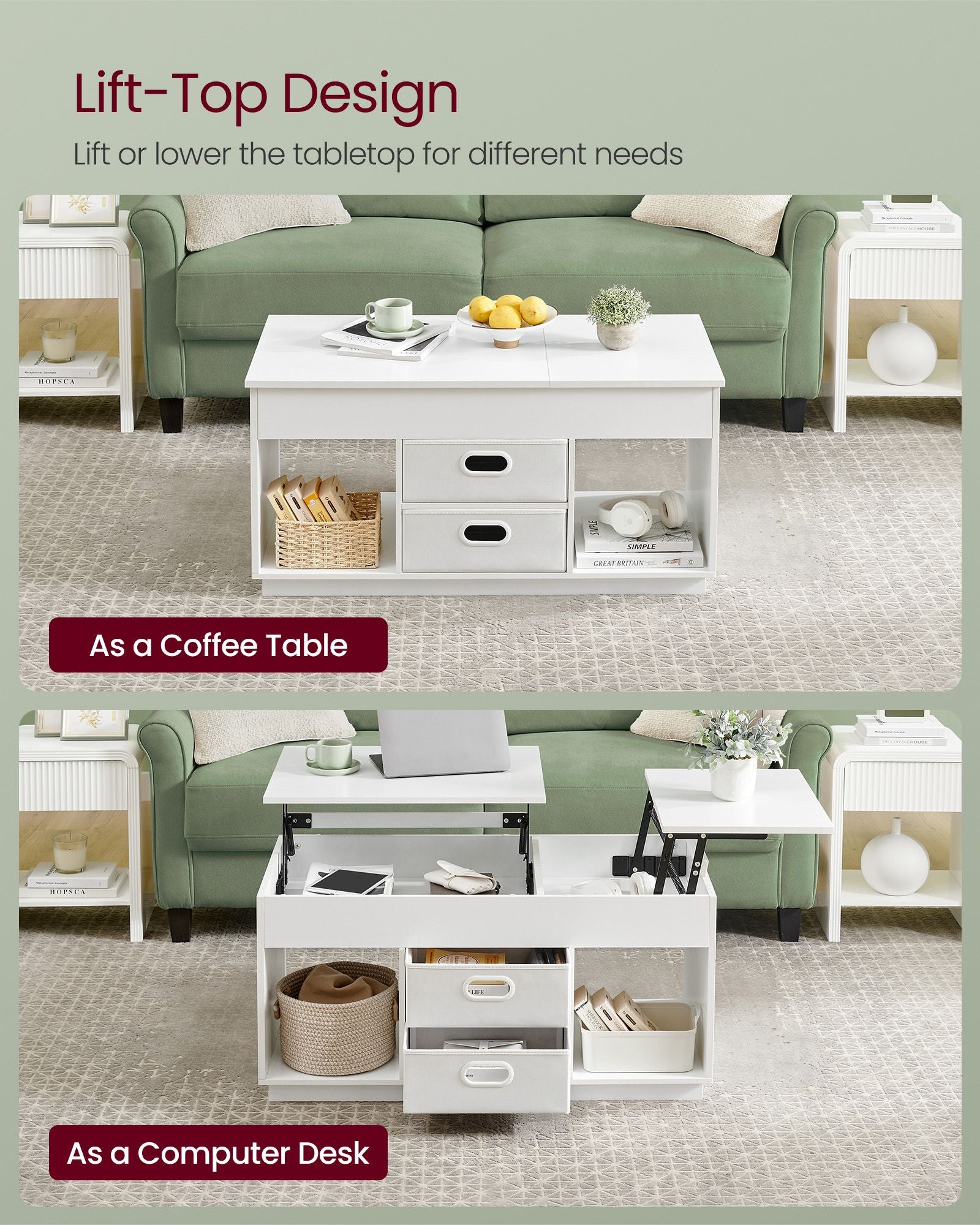 Lift-Top Coffee Table, Dual-Lift, Drawers, Hidden Storage, Adjustable Height, White