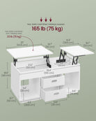 Lift-Top Coffee Table, Dual-Lift, Drawers, Hidden Storage, Adjustable Height, White