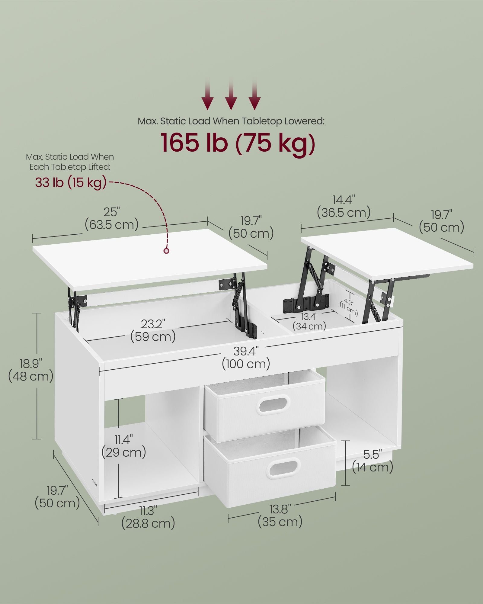 Lift-Top Coffee Table, Dual-Lift, Drawers, Hidden Storage, Adjustable Height, White