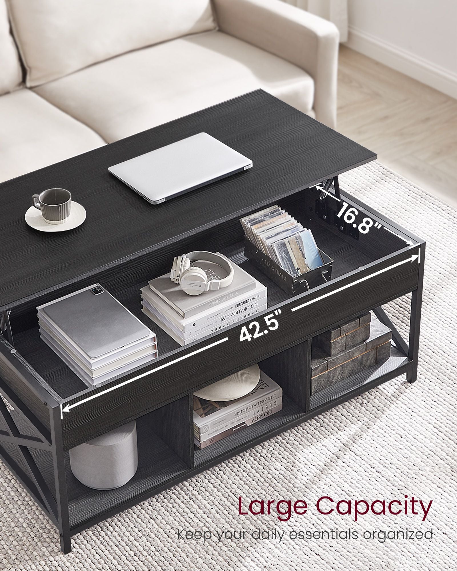 Lift-top coffee table - industrial style - adjustable height - hidden storage
