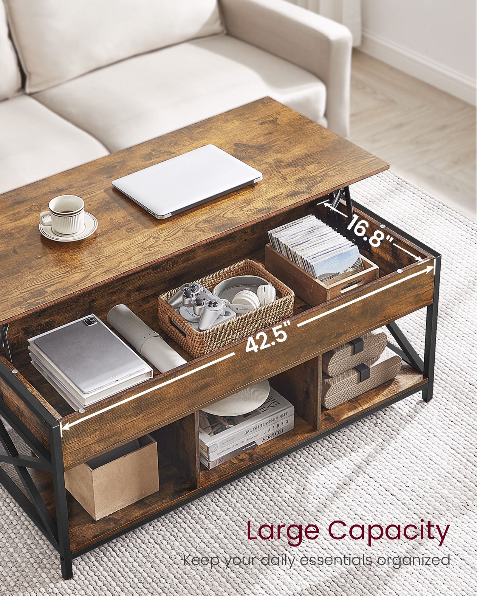 Lift-top coffee table - industrial style - adjustable height - hidden storage