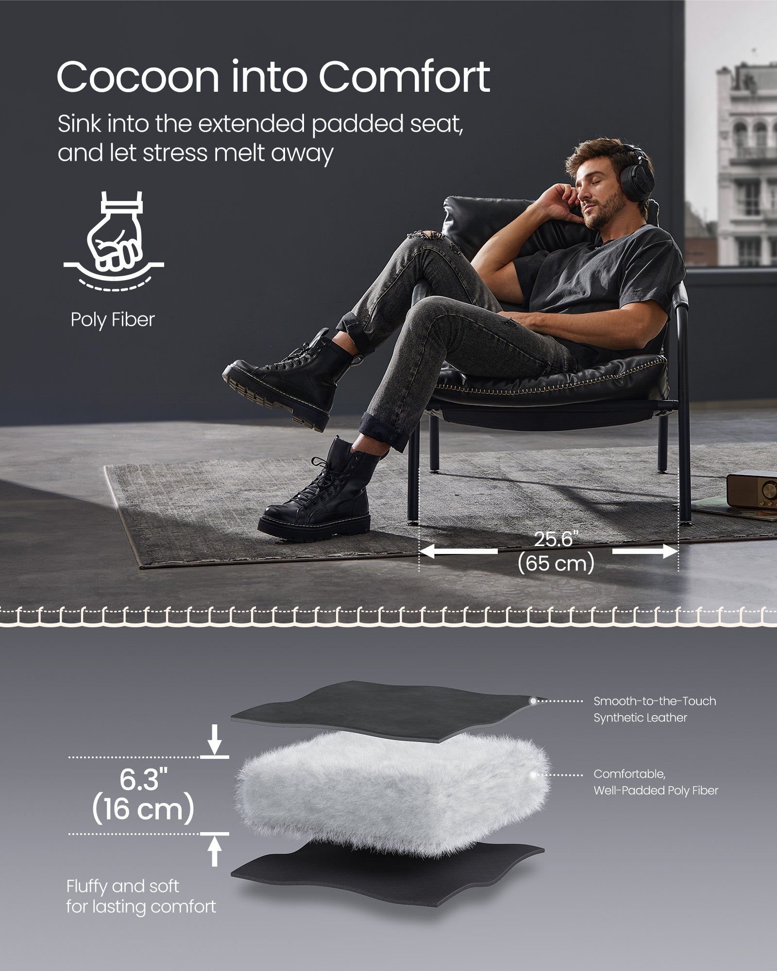 Lounge Chair – High-Back Accent Chair – Leather Look – Steel Frame – EKHO Collection