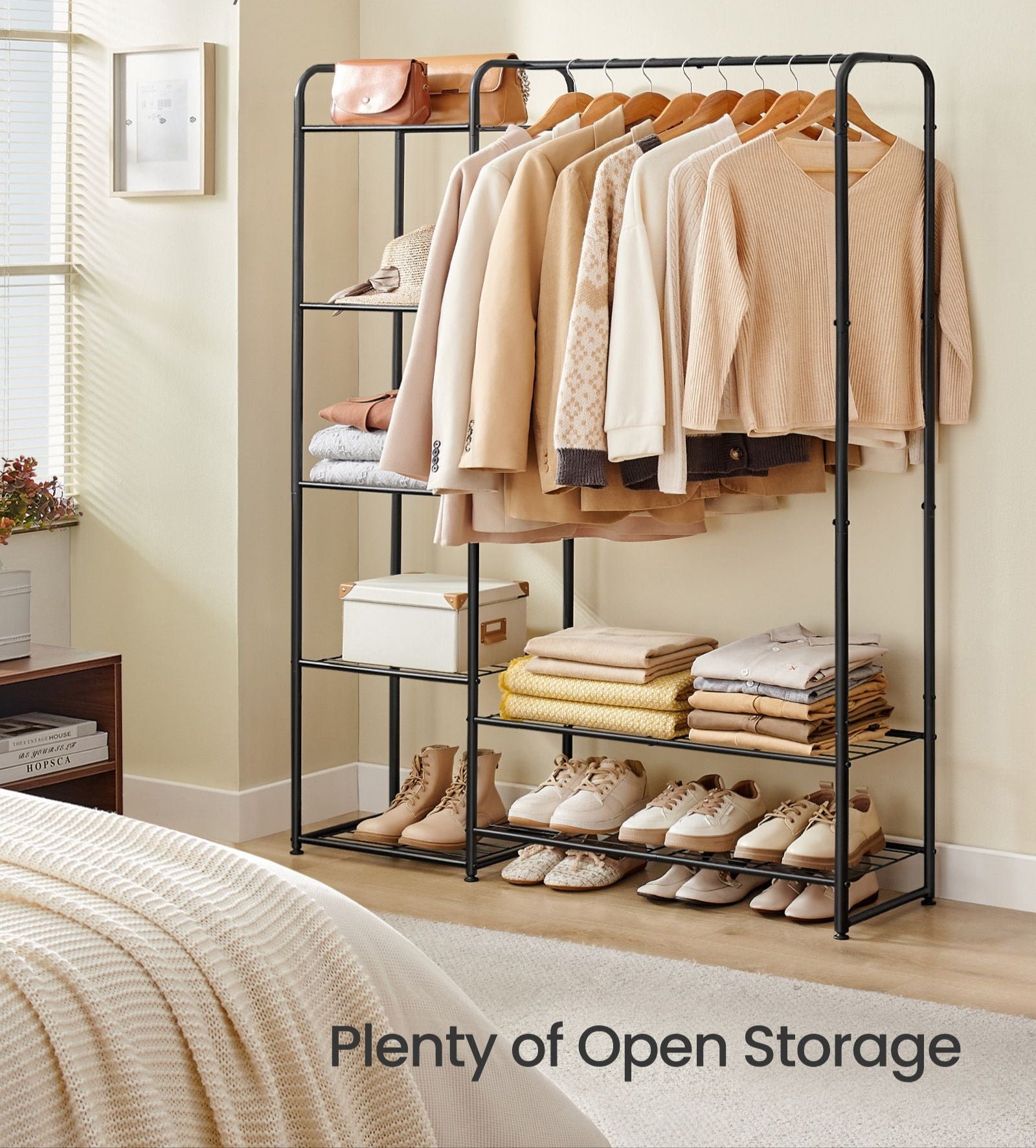 Metal Wardrobe Closet, Open Clothes Rack, 7 Shelves, Hanging Rod, 44.1" Wide