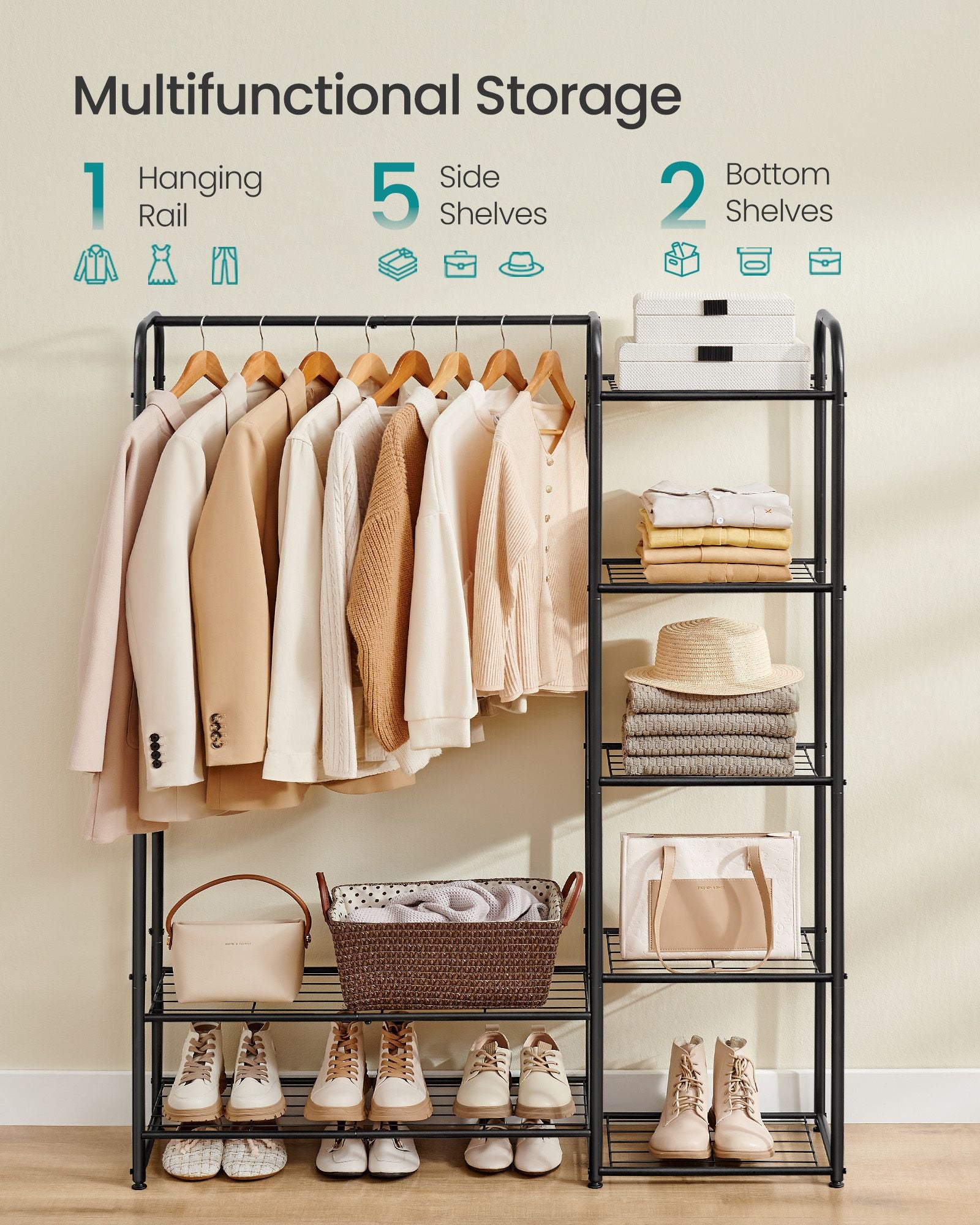 Metal Wardrobe Closet, Open Clothes Rack, 7 Shelves, Hanging Rod, 44.1" Wide