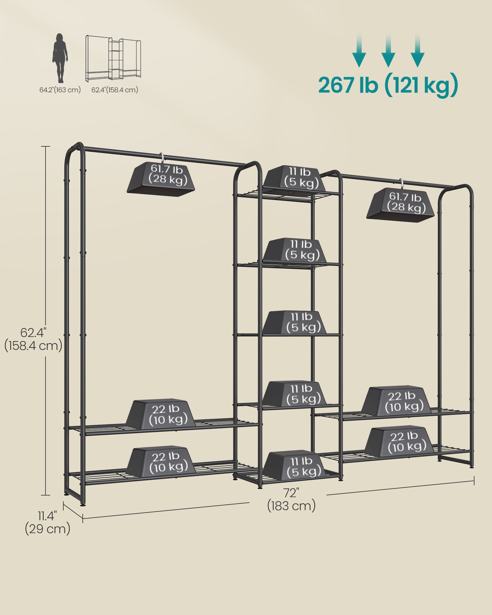 Metal Wardrobe Closet, Open Clothes Rack, 9 Shelves, Hanging Rod, 72" Wide