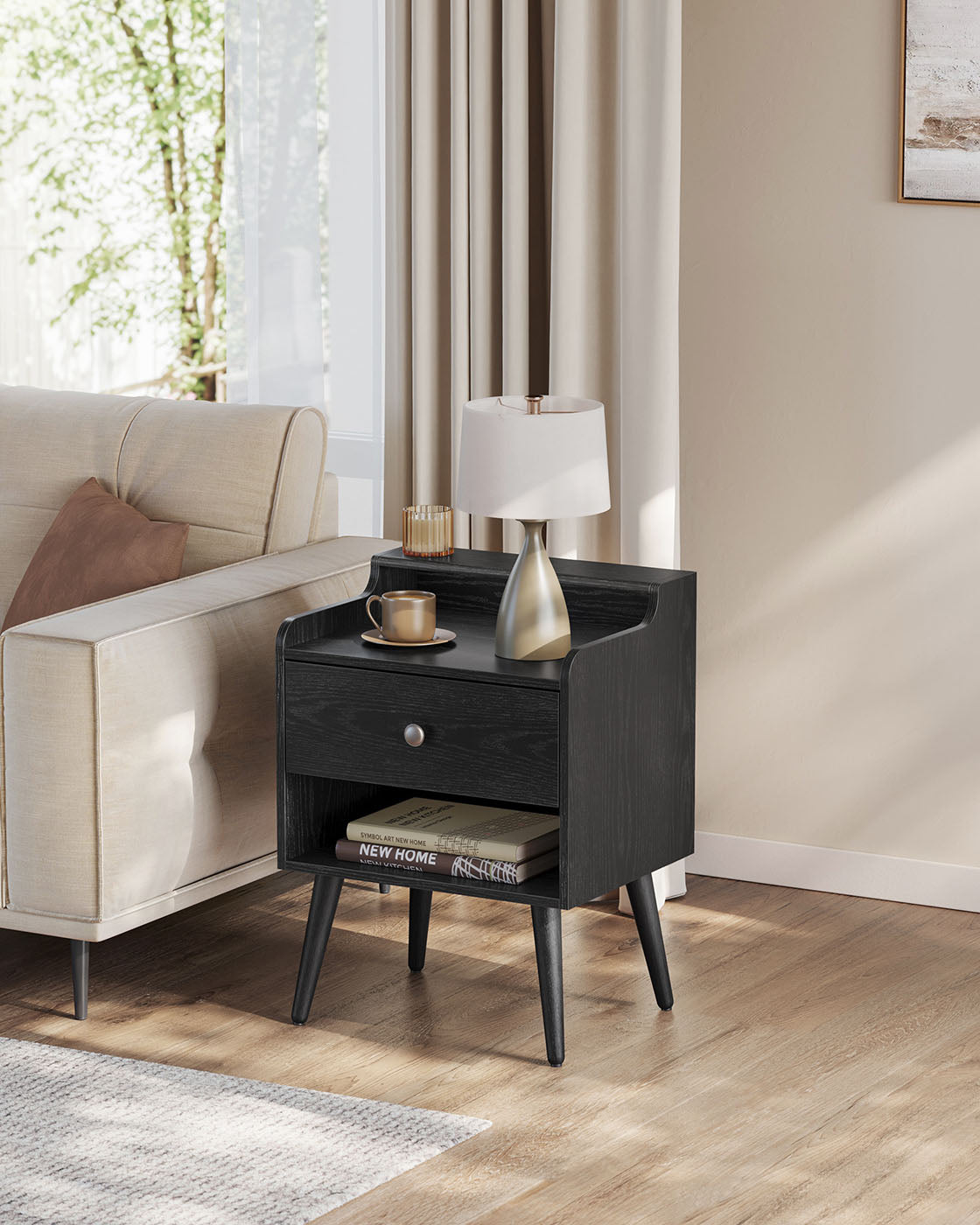 Mid-Century Nightstand Set, 2-Piece, Hidden Drawer, Solid Wood Legs