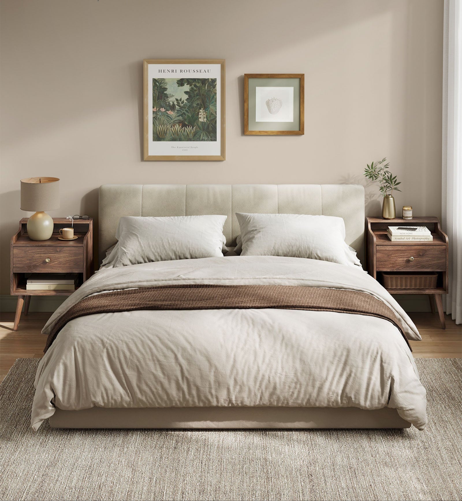 Mid-Century Nightstand Set, 2-Piece, Hidden Drawer, Solid Wood Legs